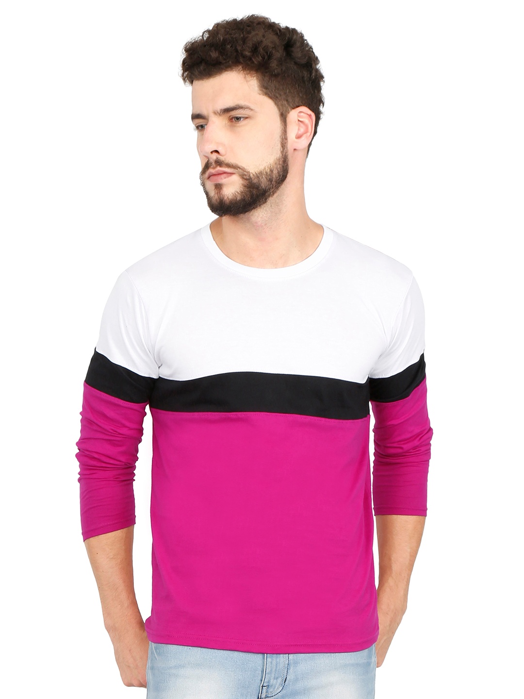 

Fleximaa Men White & Magenta Colourblocked Cotton T-shirt