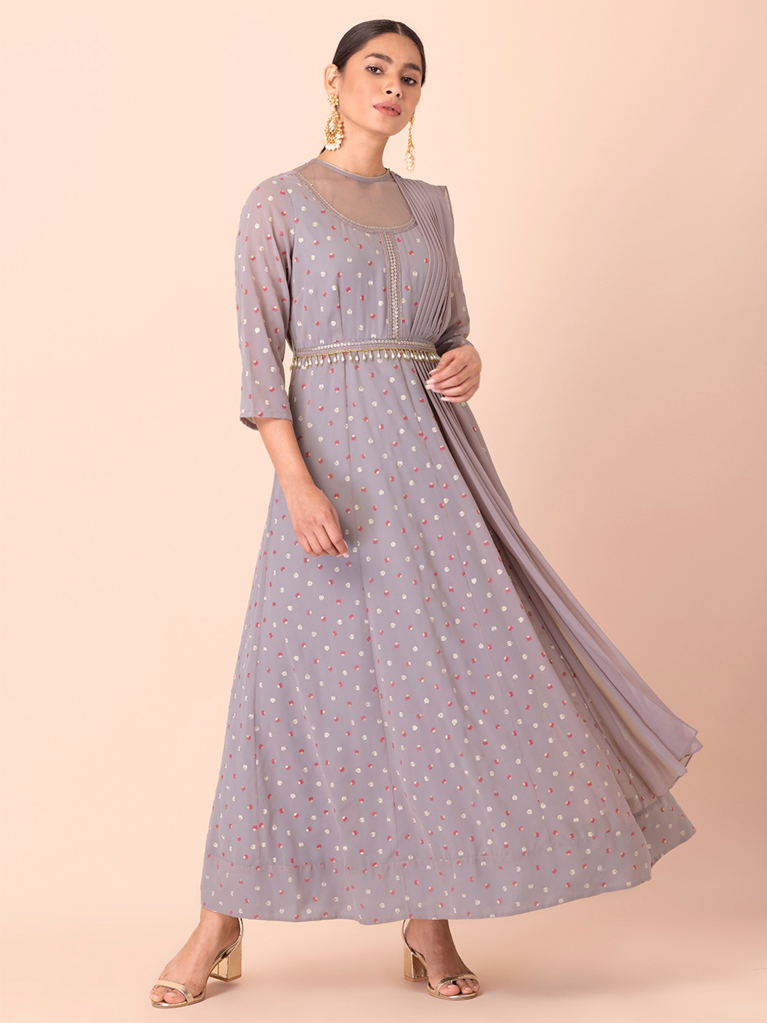 

INDYA Women Grey Floral Georgette Anarkali Kurta with Attached Dupatta and Belt