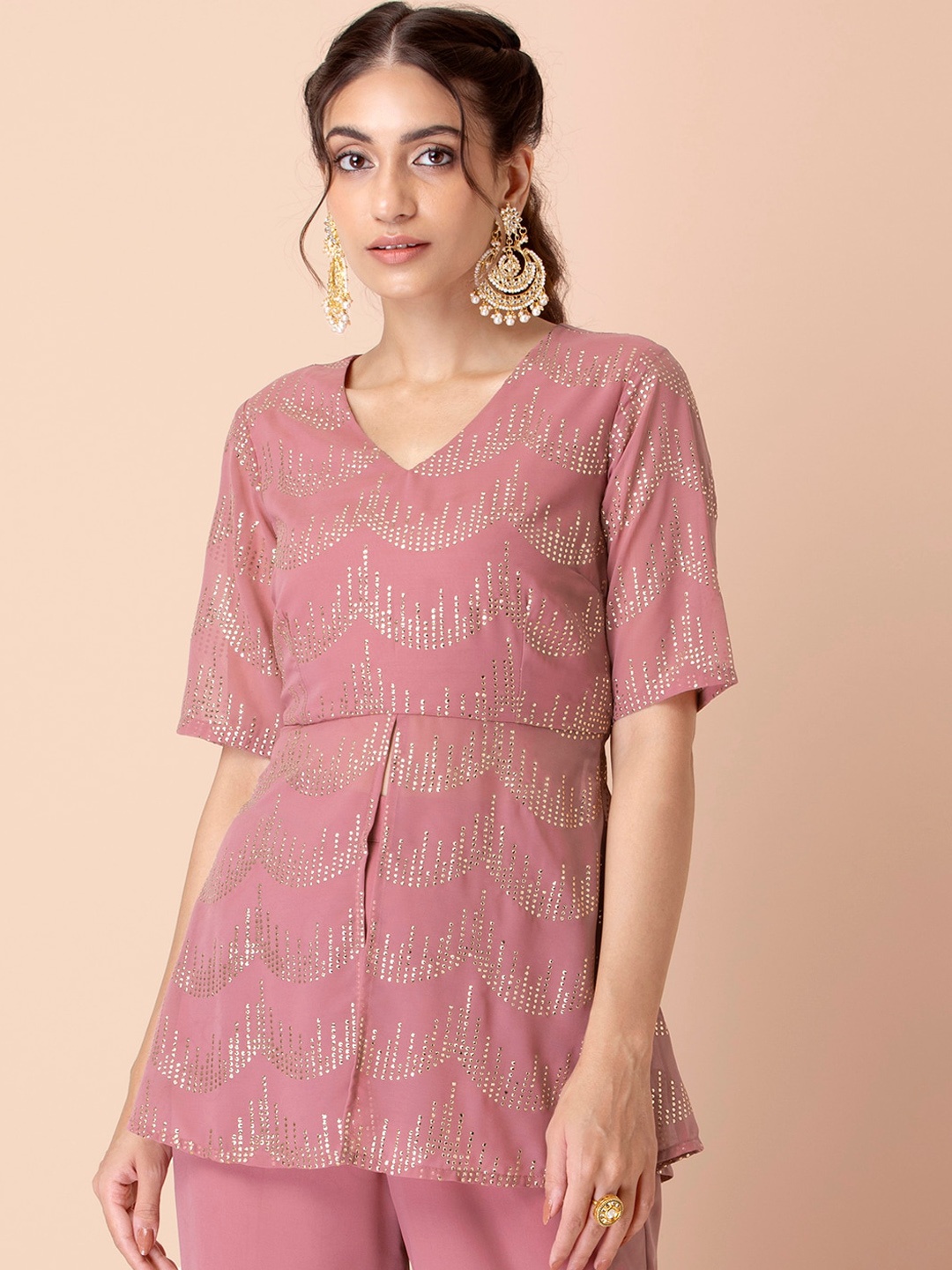 

INDYA Women Pink Foil Printed High Slit Short Kurti