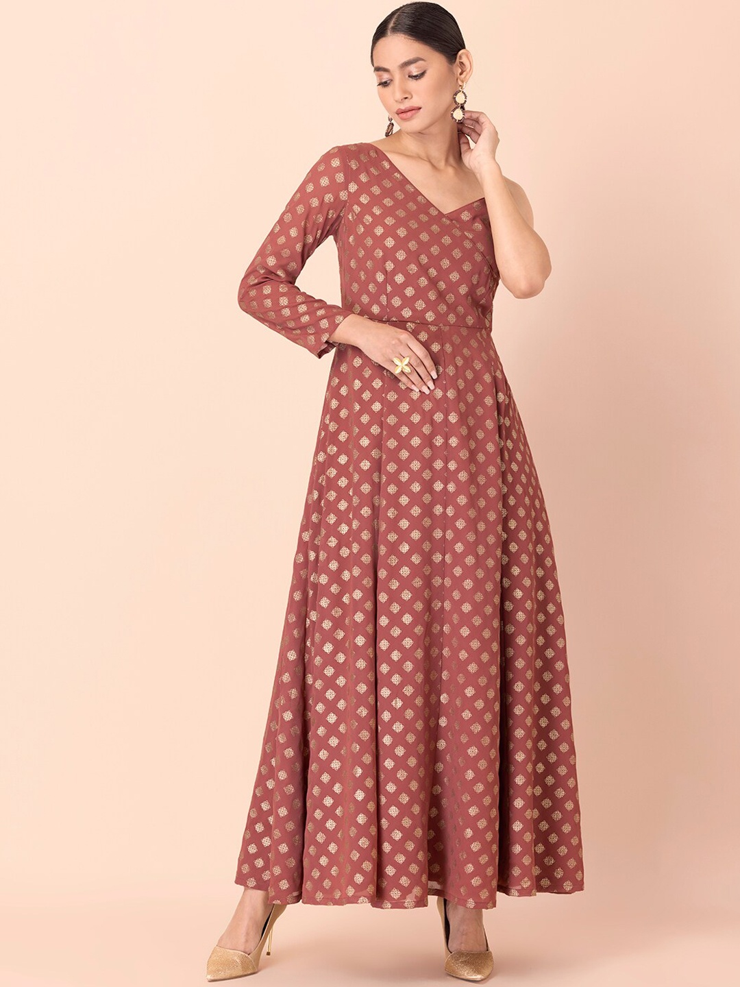 

INDYA Women Brown Foil Printed One Shoulder Strappy Georgette Anarkali Kurta