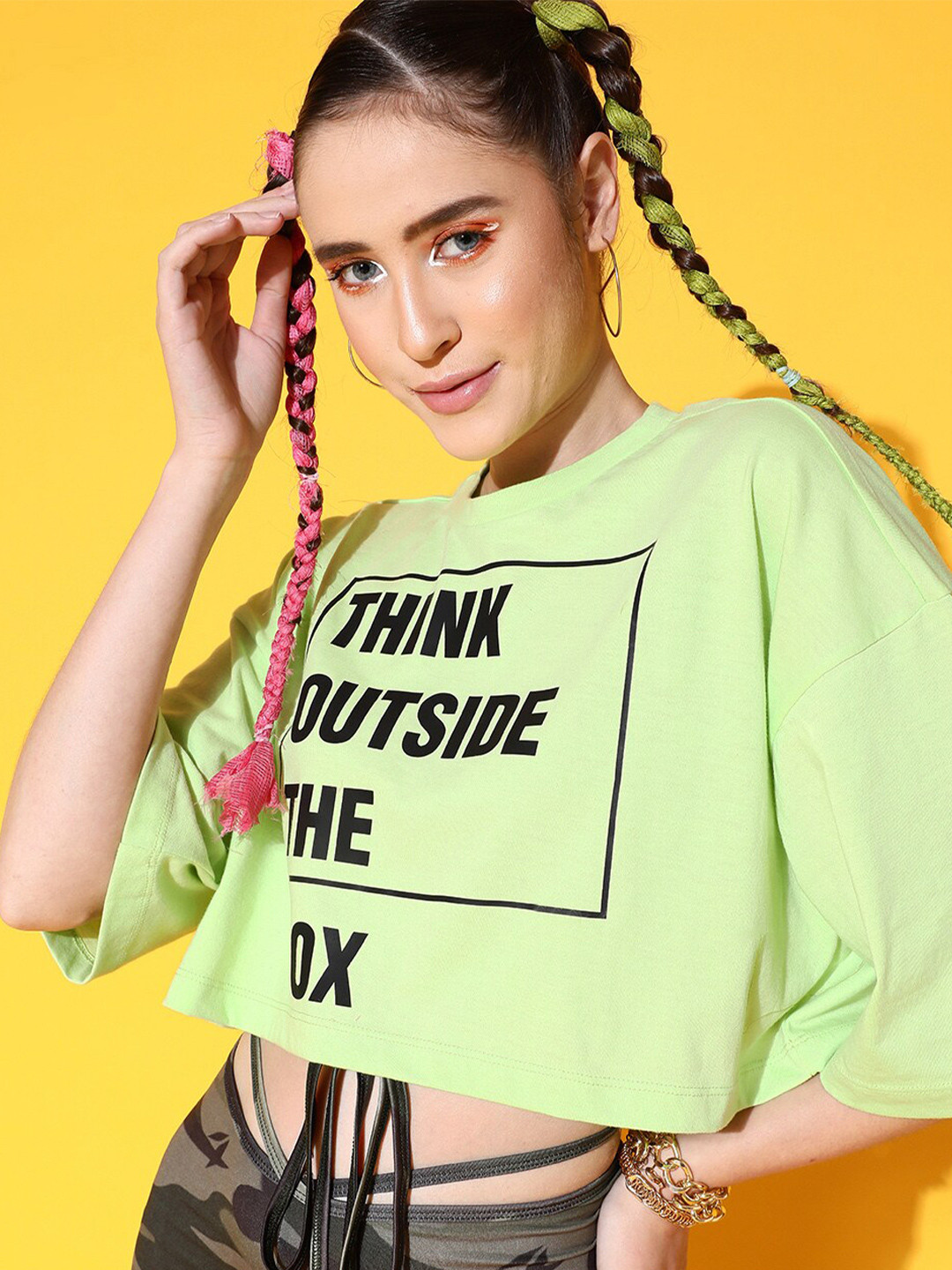 

STREET 9 Women Green Printed Cotton Drop-Shoulder Sleeves Bio Finish Boxy T-shirt