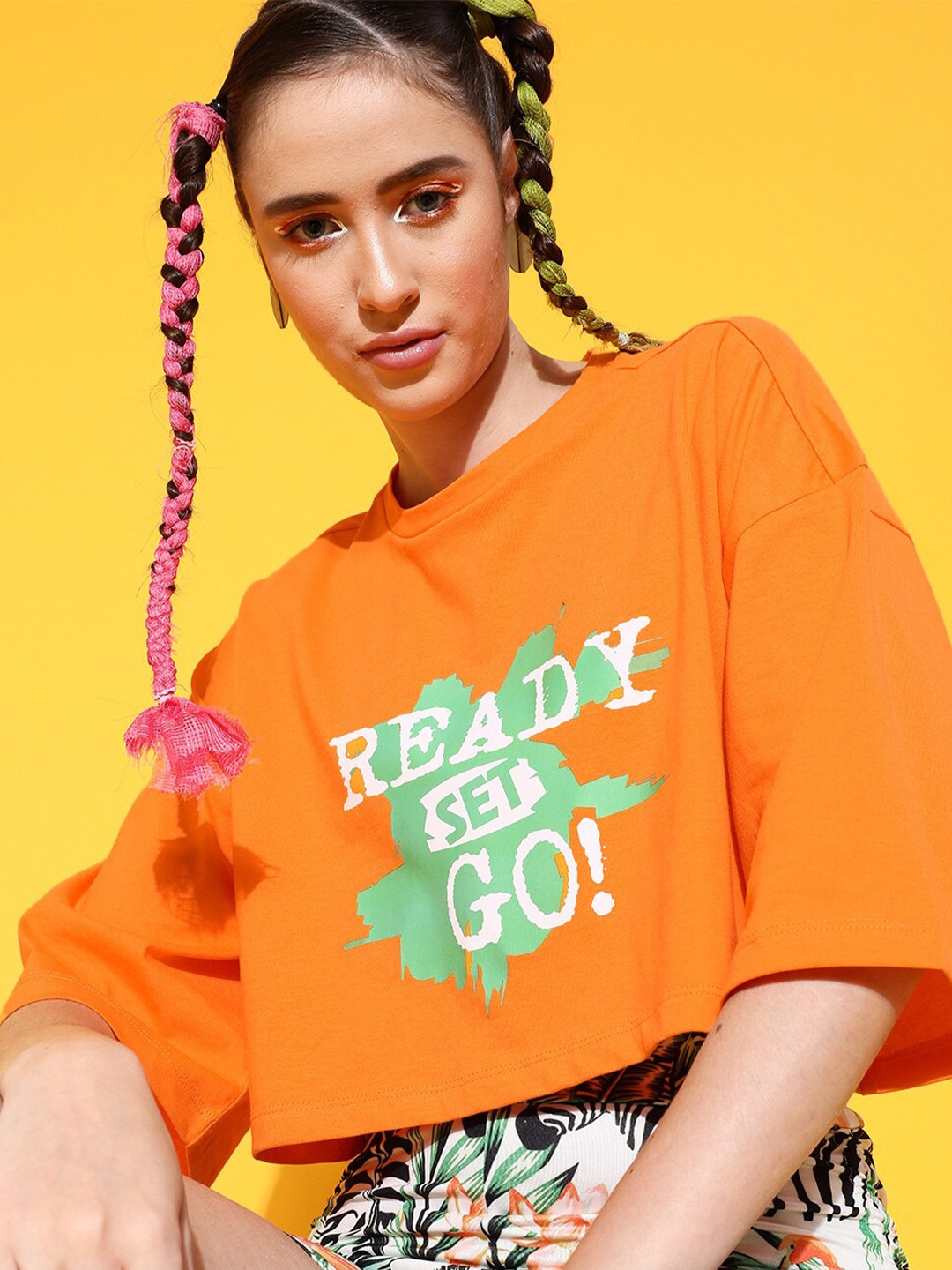 

STREET 9 Women Orange Printed Cotton Drop-Shoulder Sleeves Bio Finish Boxy T-shirt