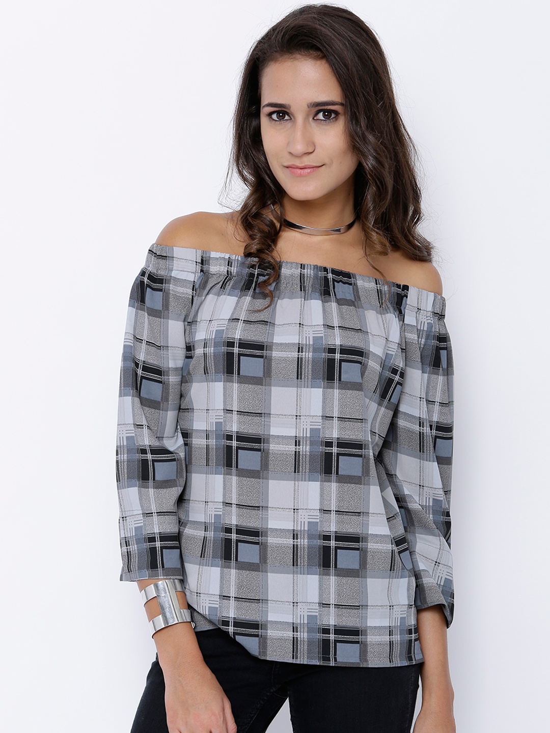 

Tokyo Talkies Grey Checked Bardot Top