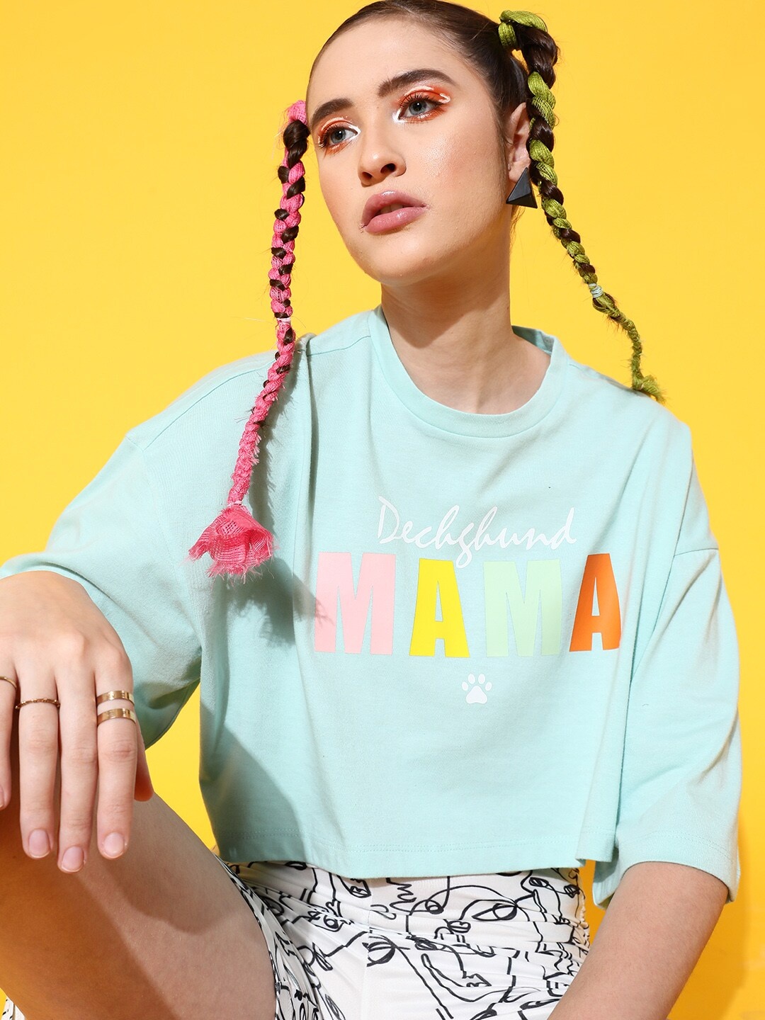 

STREET 9 Women Sea Green Printed Cotton Drop-Shoulder Sleeves Bio Finish Boxy T-shirt