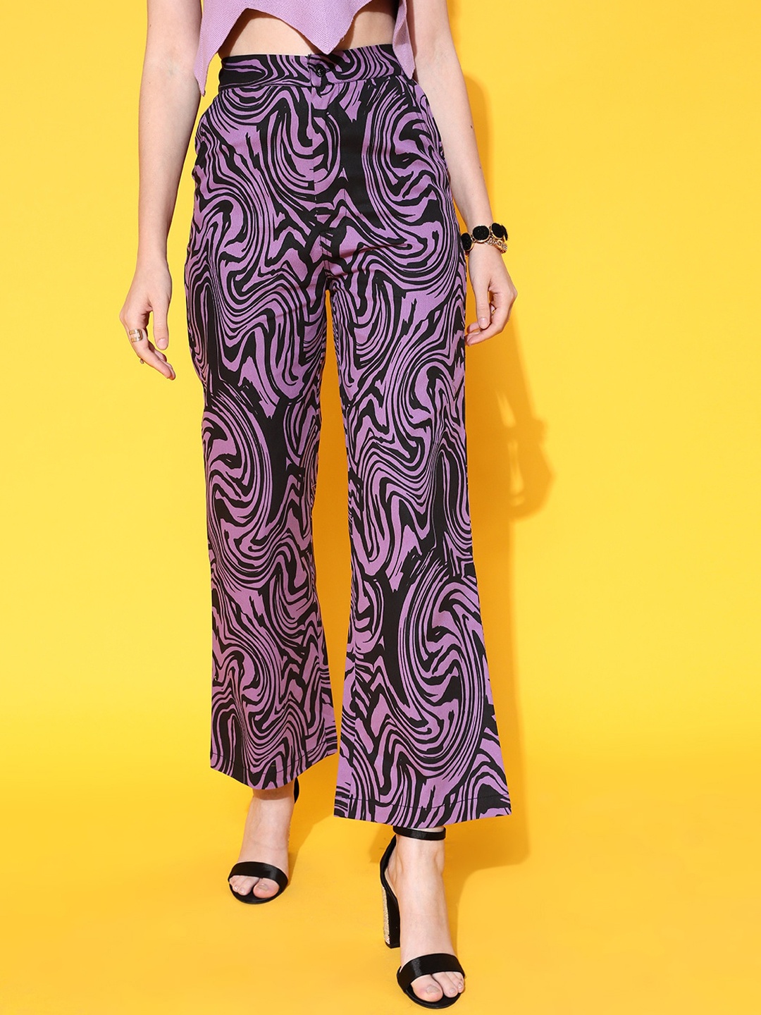 

STREET 9 Women Purple Printed Urban Flared High-Rise Trousers