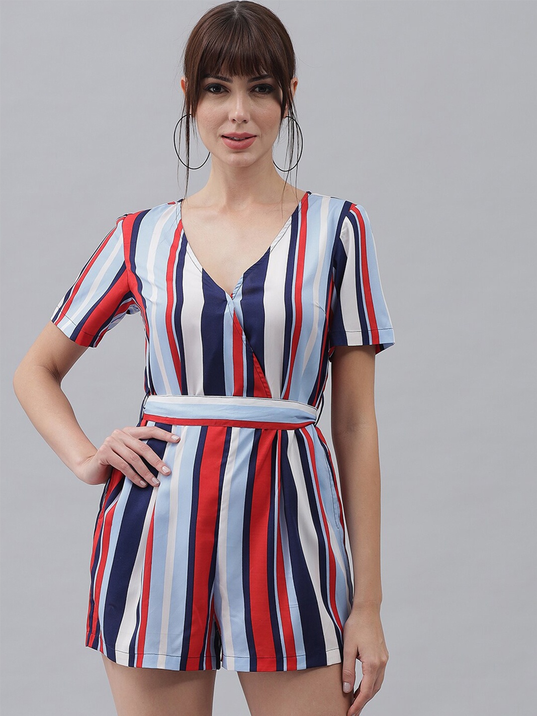 

Emeros White & Multicoloured Striped Wrap-style Jumpsuit