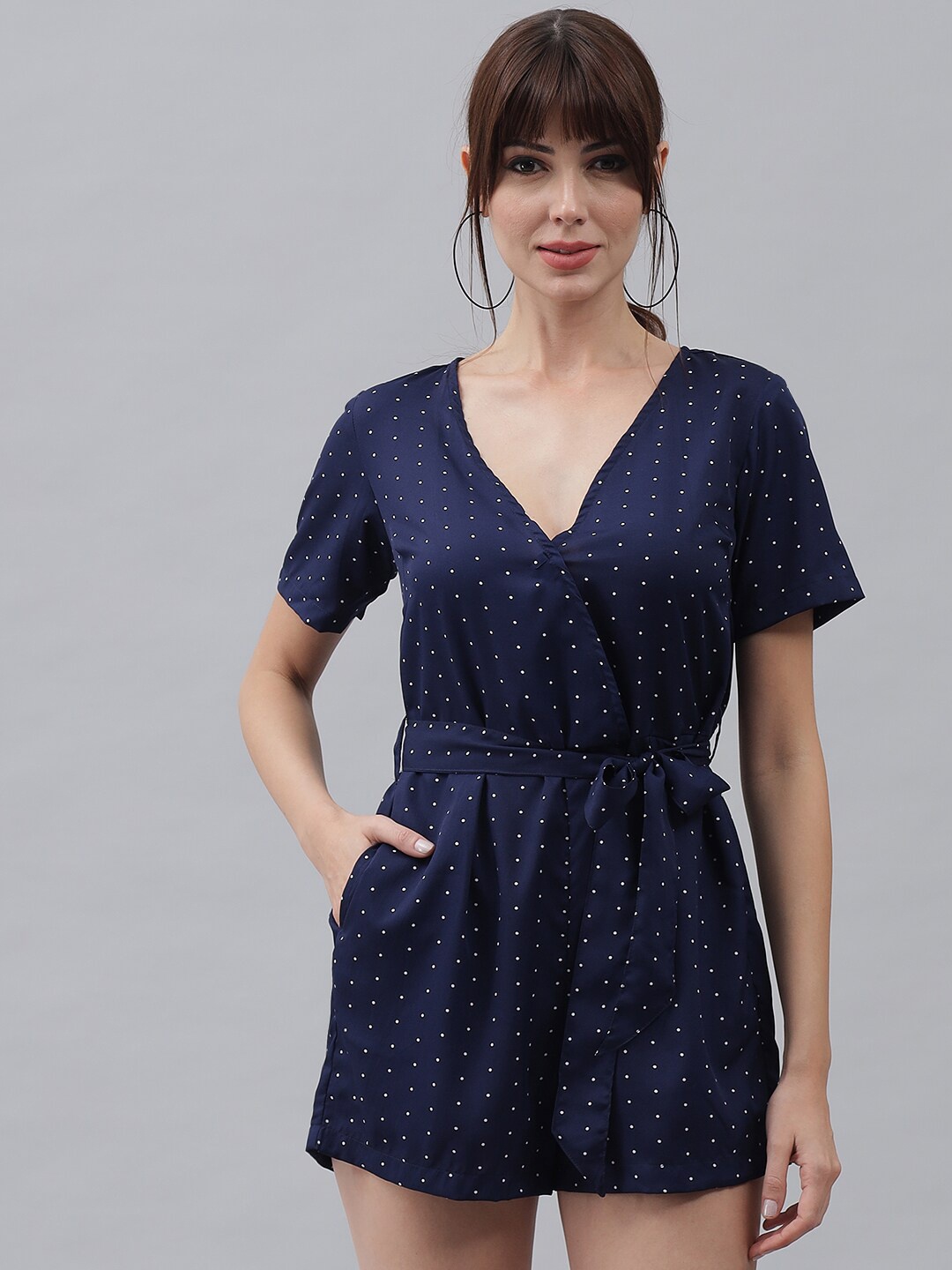 

emeros Navy Blue & White Printed Wrap-style Jumpsuit