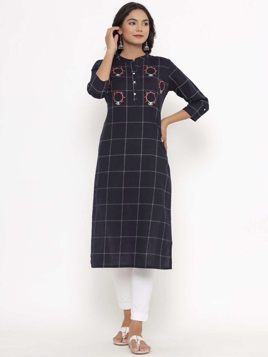 

PK Fashions Women Navy Blue Checked Cotton Kurta