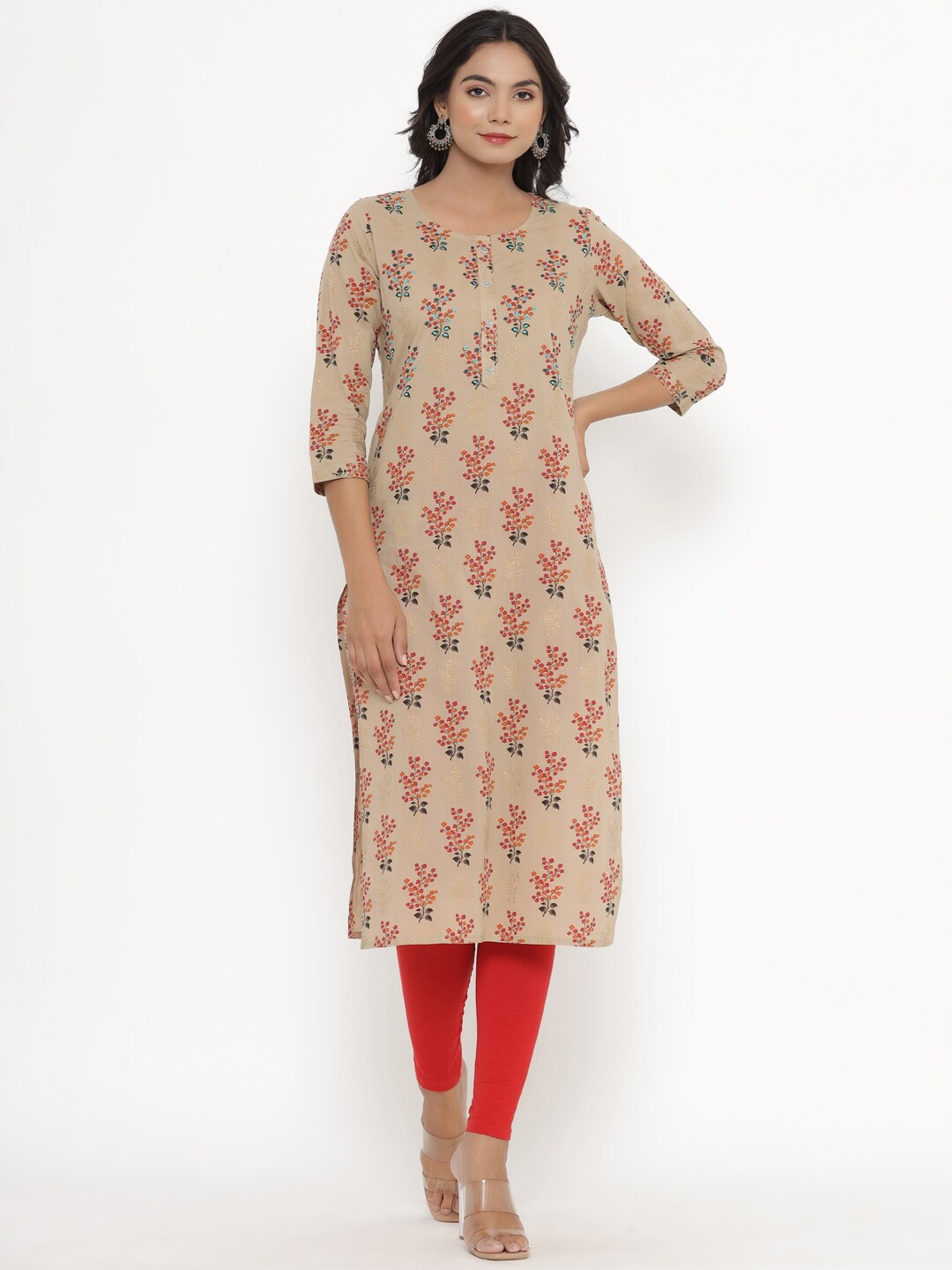 

PK Fashions Women Cream-Coloured & Red Floral Printed Thread Work Floral Kurta
