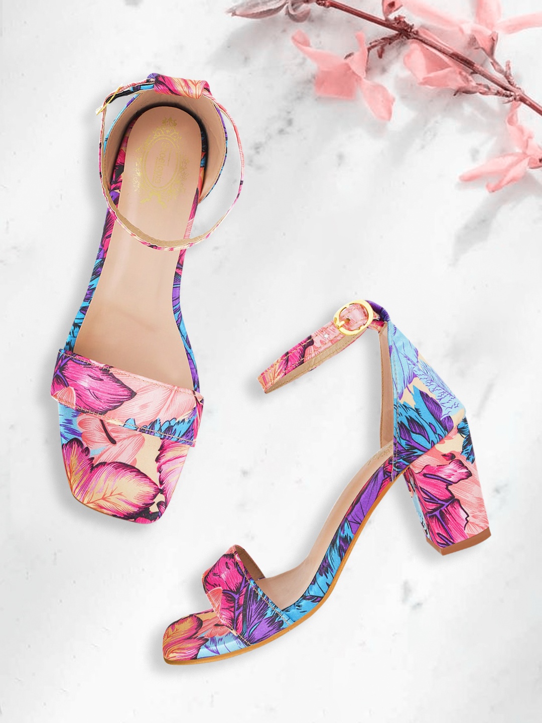

Shoetopia Red & Blue Printed Block Sandals