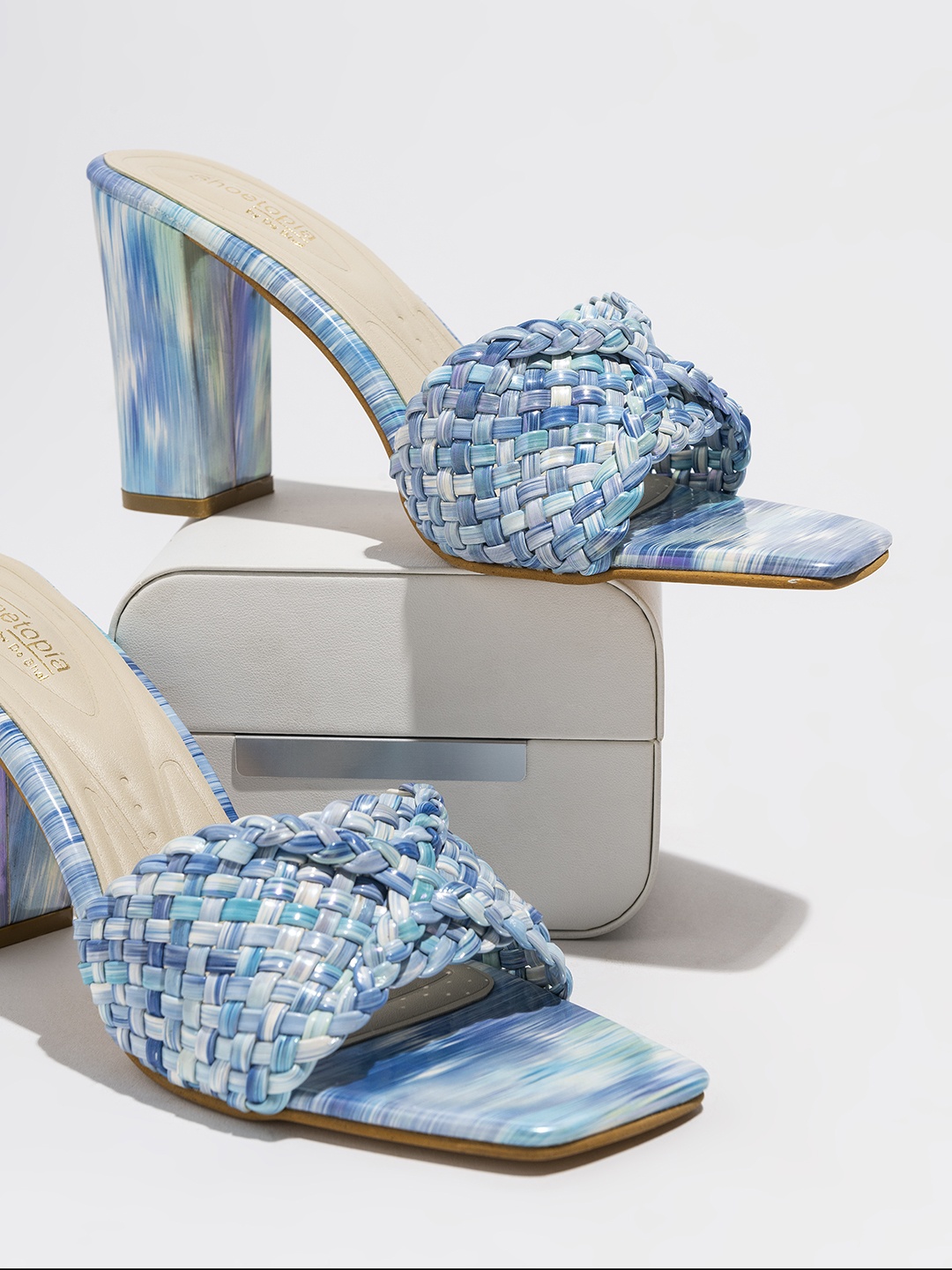 

Shoetopia Blue Textured Block Mules open back