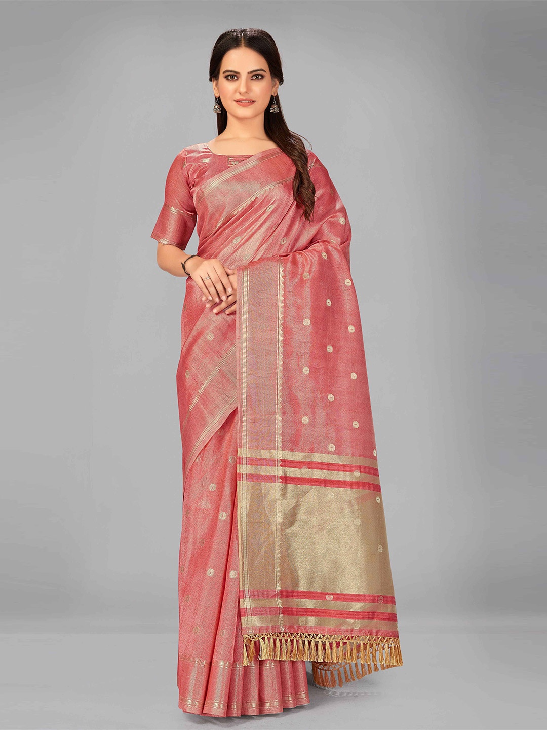 

MANOHARI Pink & Gold-Toned Woven Design Zari Silk Blend Saree