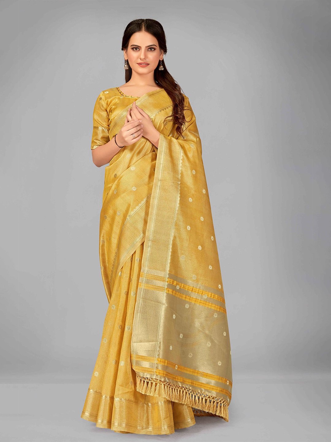 

MANOHARI Mustard & Gold-Toned Woven Design Zari Silk Blend Saree