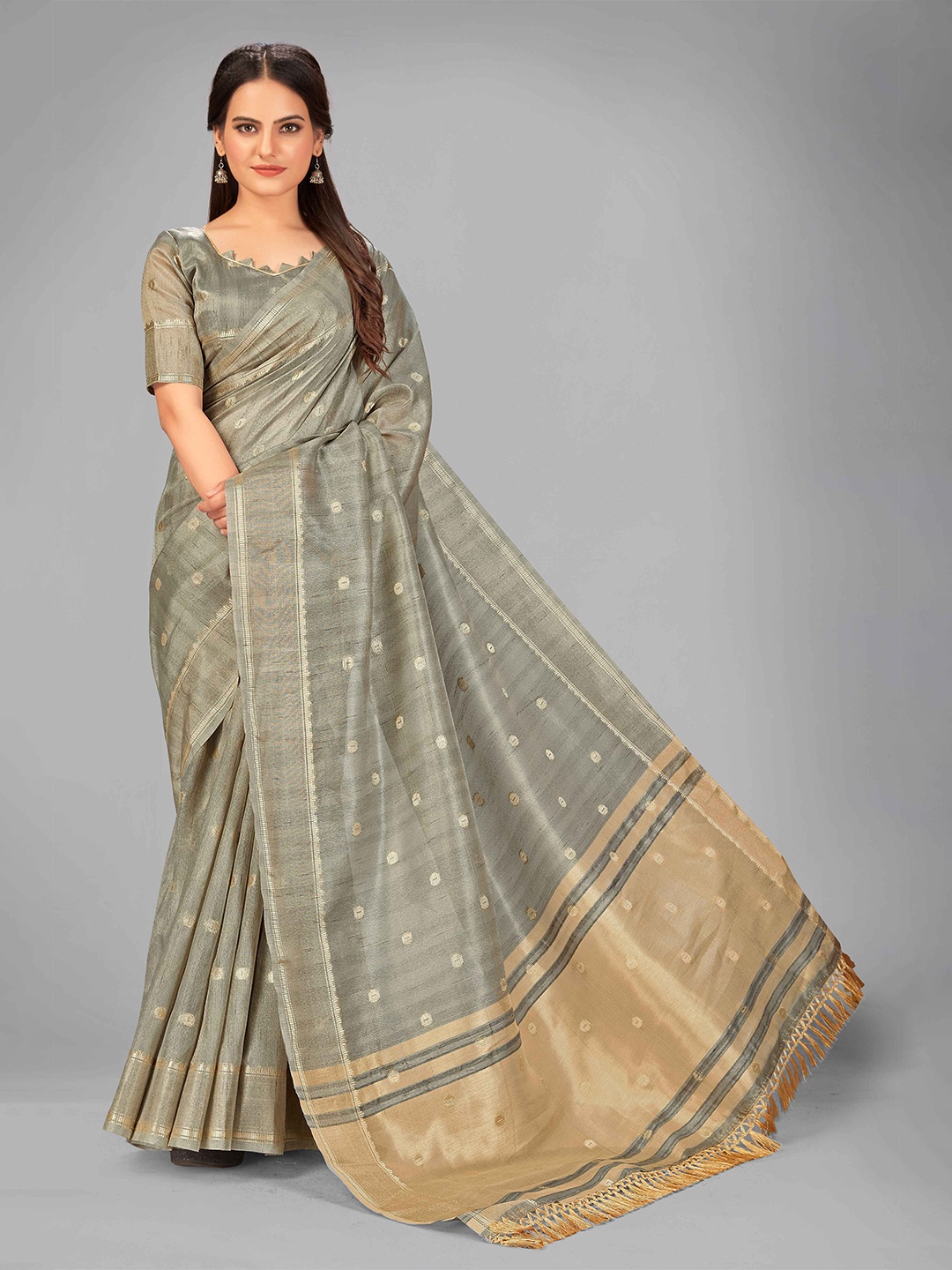 

MANOHARI Grey & Gold-Toned Woven Design Zari Silk Blend Saree