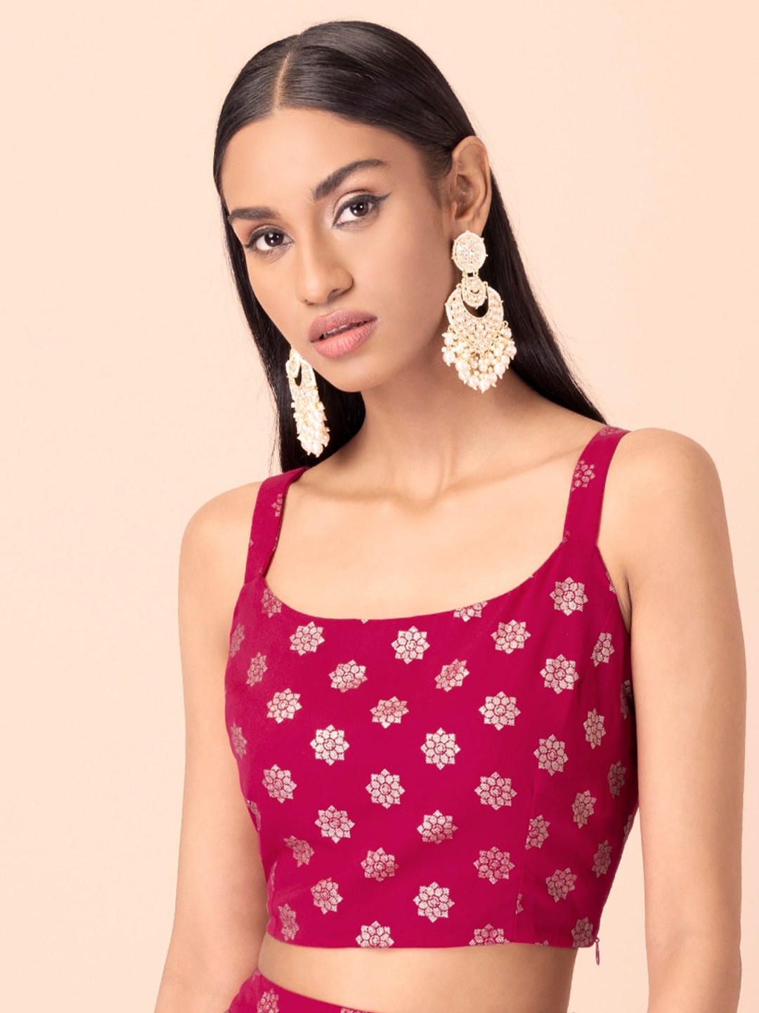 

INDYA Hot Pink Ethnic Print Brocade Foil Strappy Crop Top