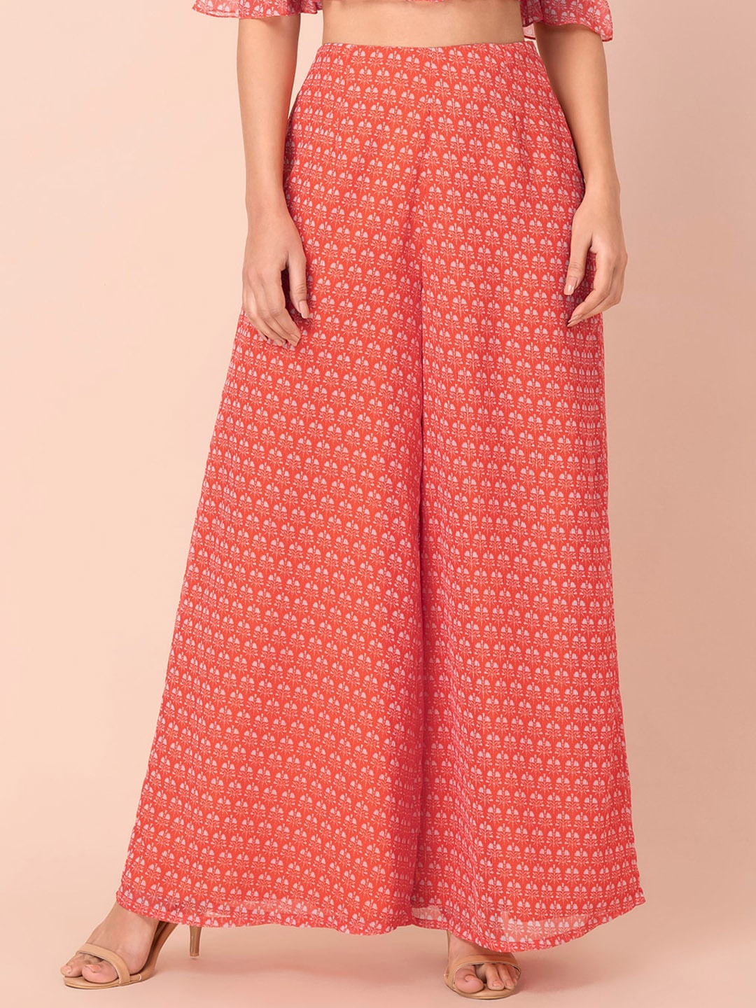 

INDYA Women Orange Printed Floral Flared Pleated Palazzo Pants