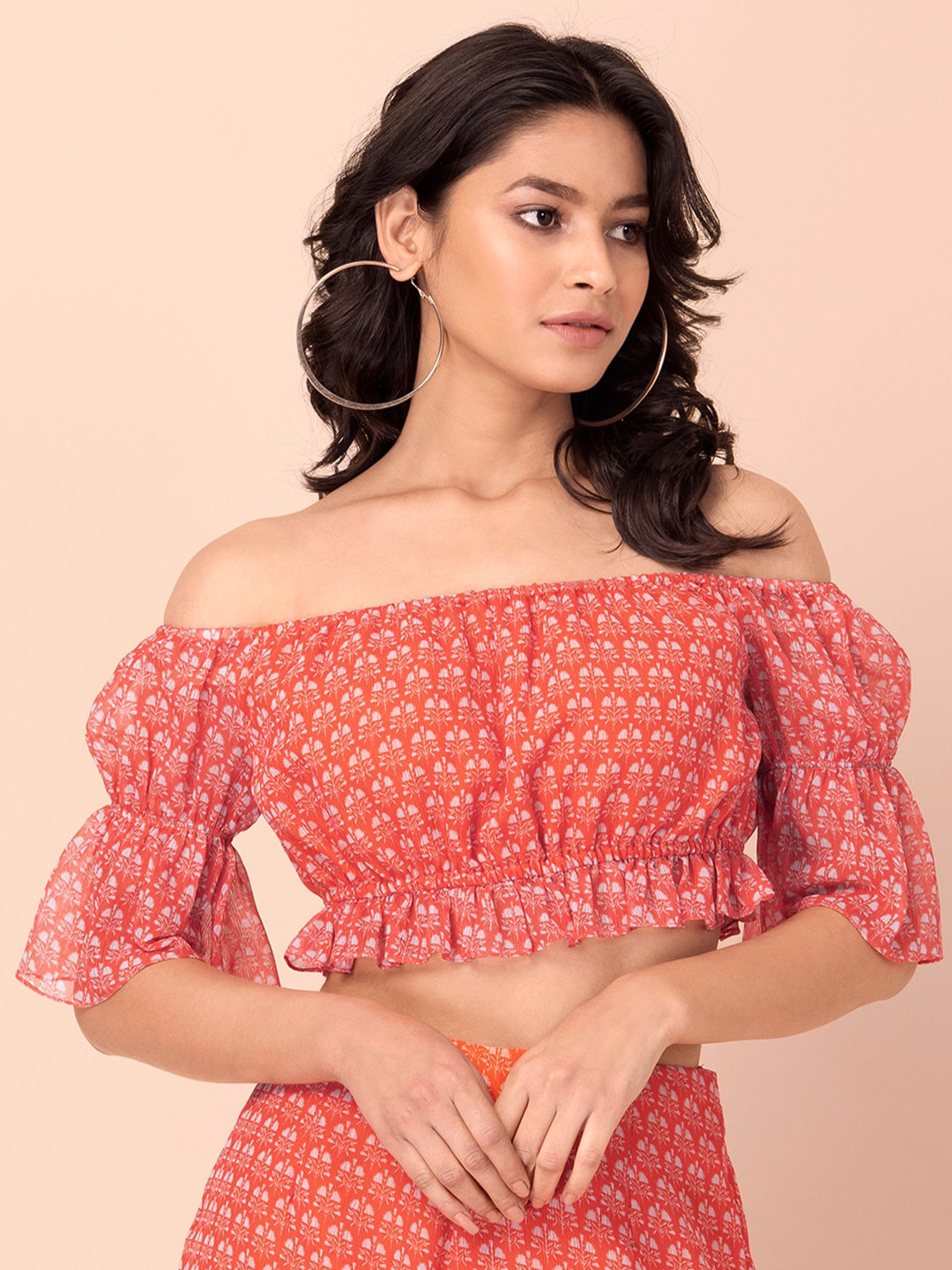 

INDYA Red & White Print Off-Shoulder Crop Top