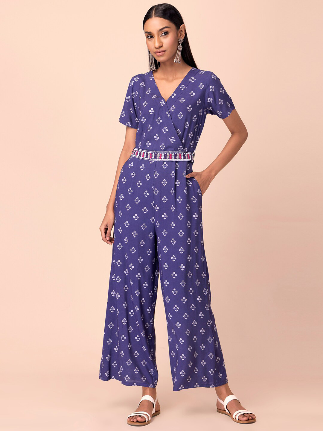 

Rang by Indya Purple & White Printed Embroidered Belt Basic Jumpsuit