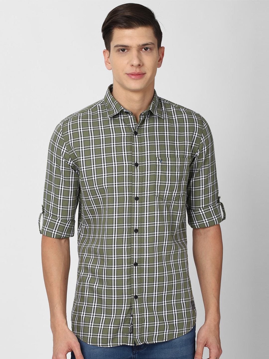 

VAN HEUSEN DENIM LABS Men Olive Green Slim Fit Checked Casual Shirt