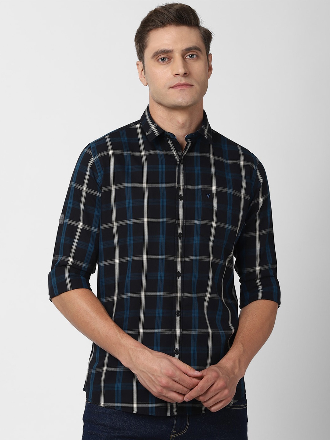 

VAN HEUSEN DENIM LABS Men Navy Blue Slim Fit Tartan Checks Casual Shirt