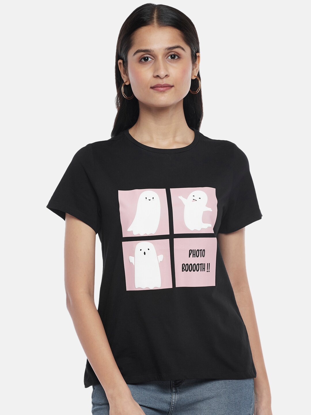 

People Women Black Printed Cotton T-shirt