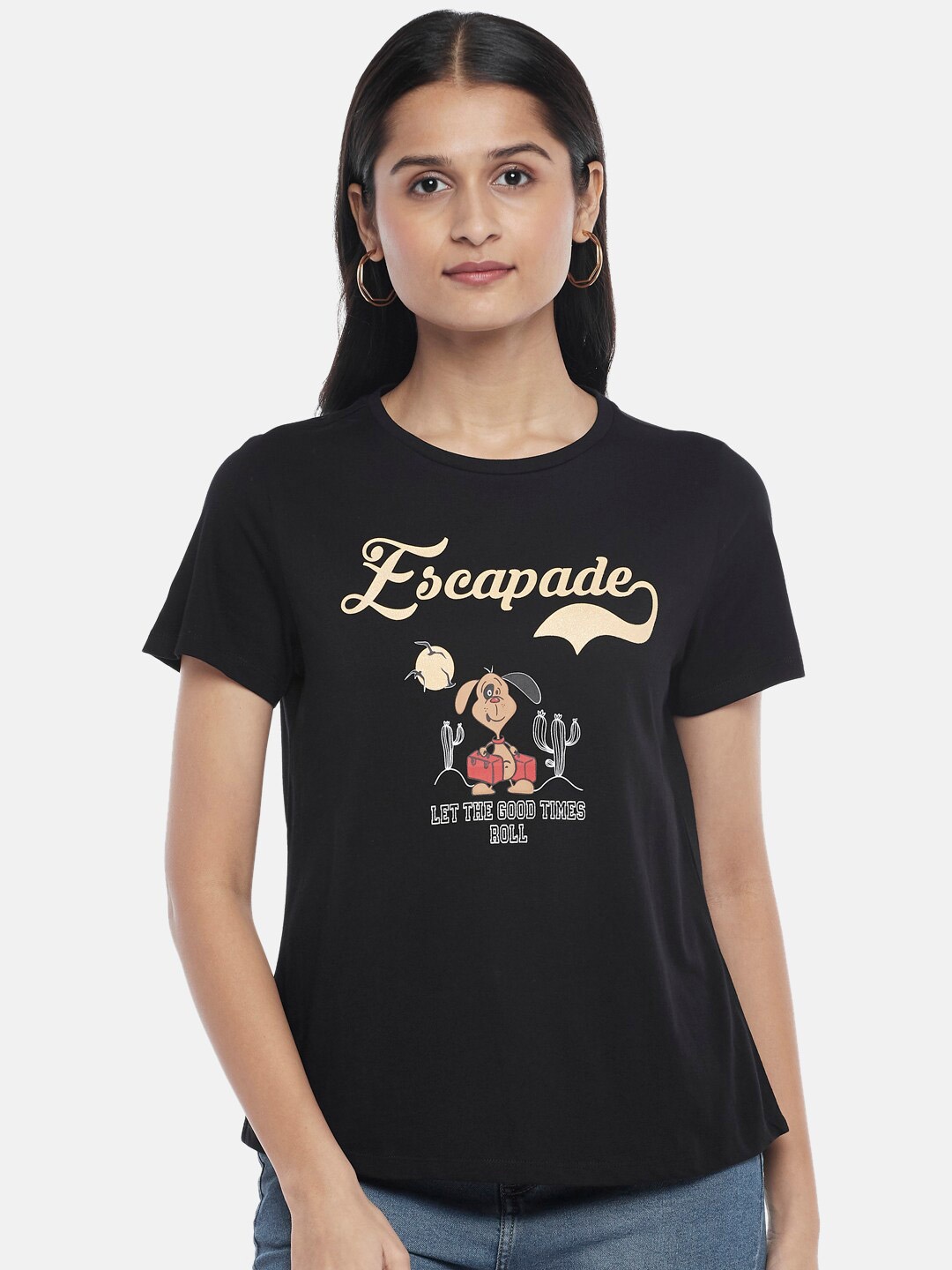 

People Women Black Typography Printed Cotton T-shirt
