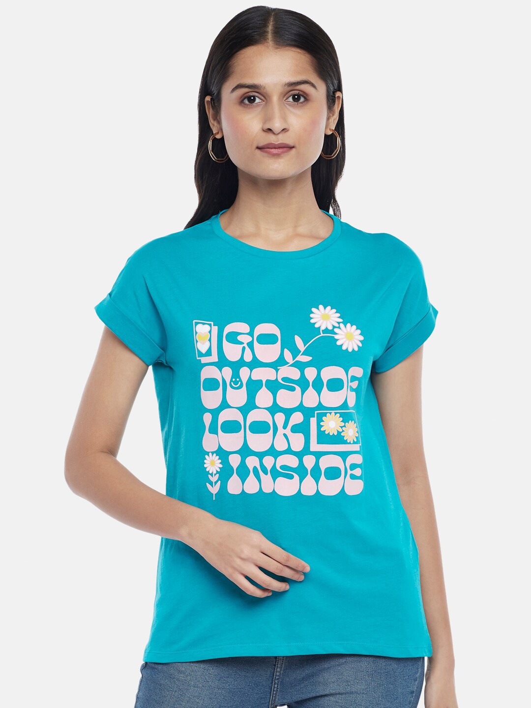 

People Women Blue Typography Printed Cotton T-shirt