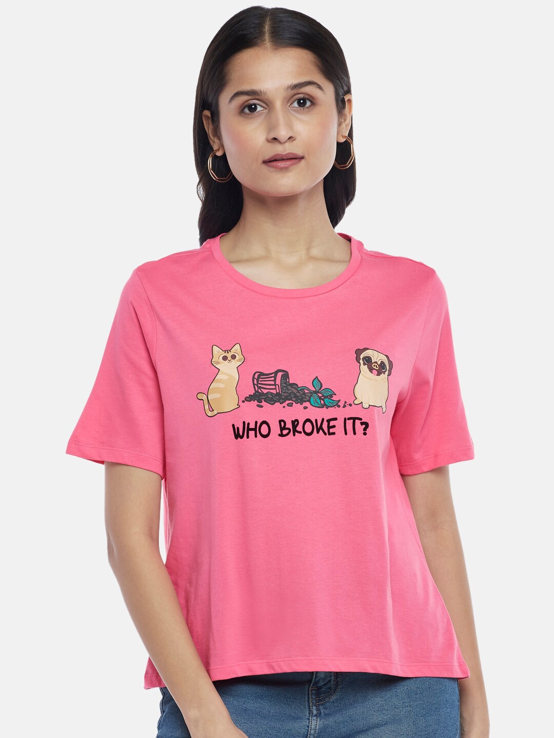

People Women Pink Printed Cotton T-shirt
