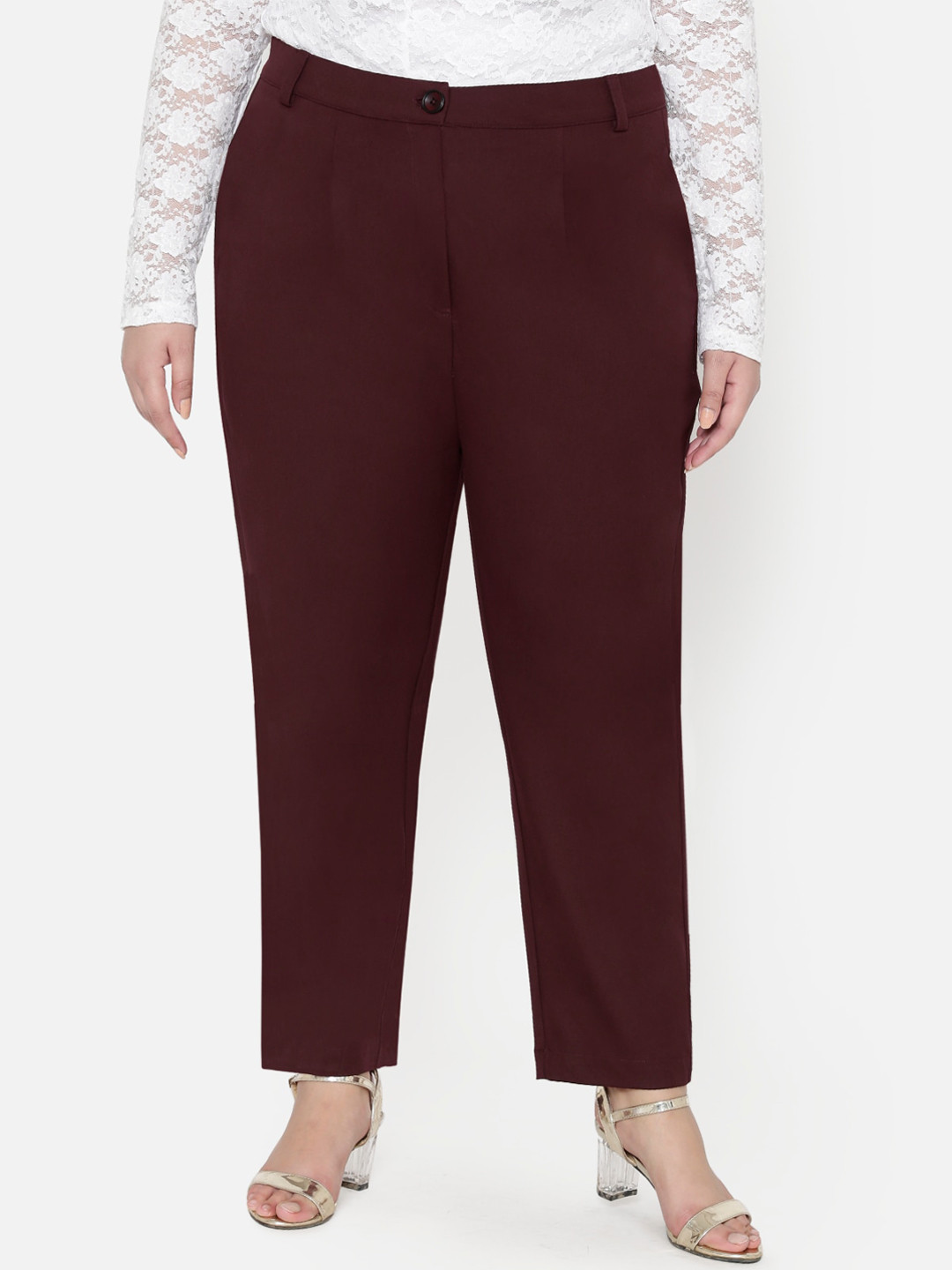 

wild U Women Plus Size Maroon Smart Slim Fit Easy Wash Trousers