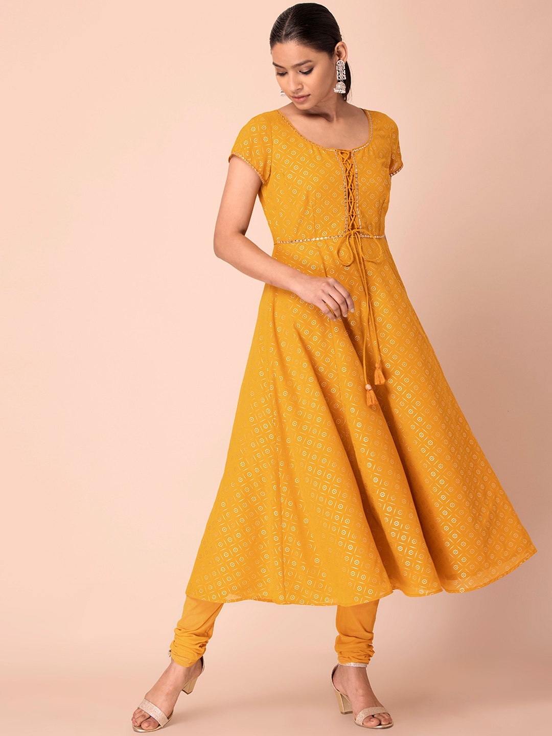 

INDYA Women Yellow Ethnic Motifs Printed Empire Kurta with Churidar & With Dupatta