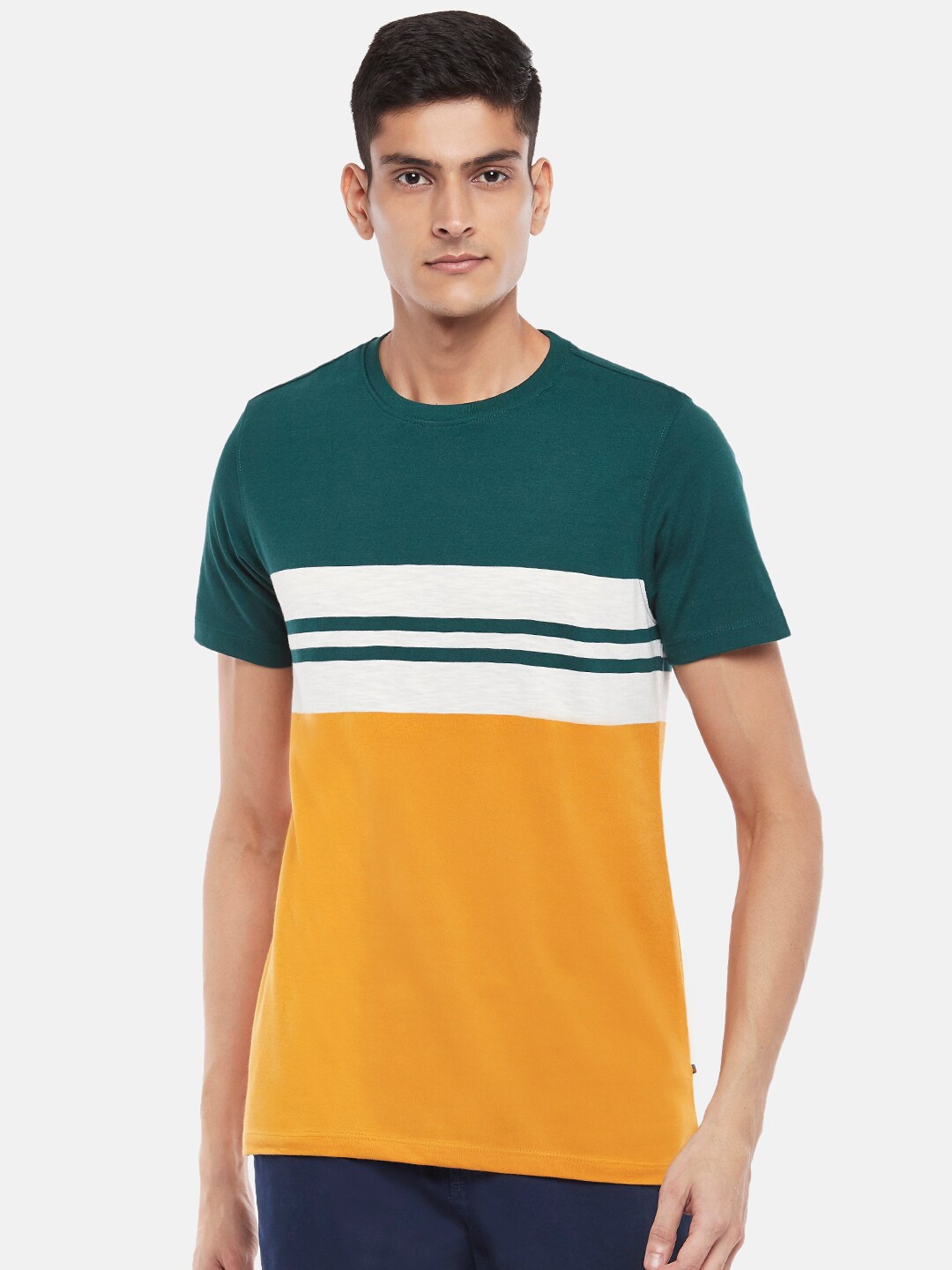 

Urban Ranger by pantaloons Men Green & Mustard Yellow Colourblocked Slim Fit T-shirt