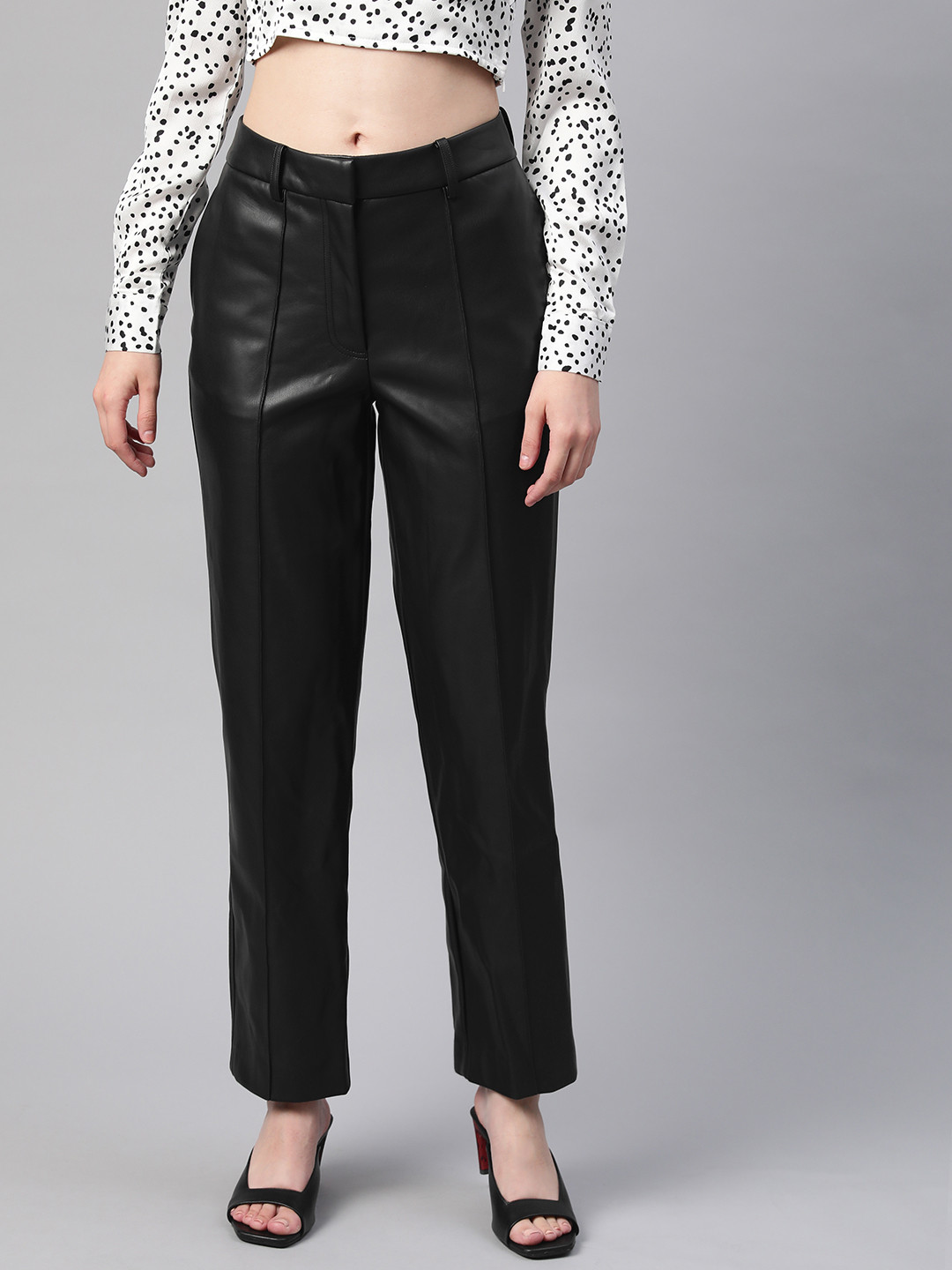 

Marks & Spencer Women Black Straight Fit PU Coated Trousers