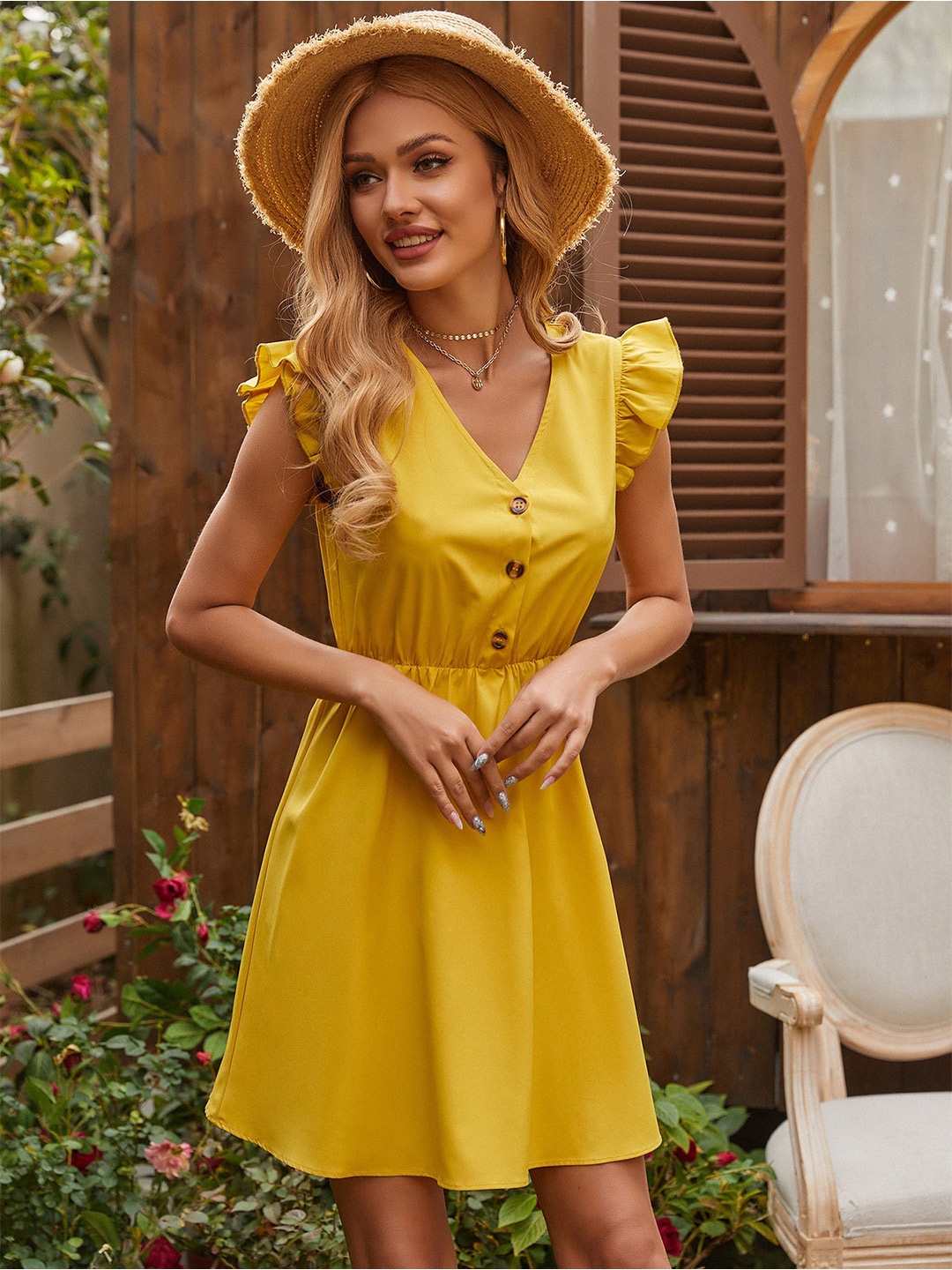 

BoStreet Mustard Yellow Fit & Flare Flutter Sleeves Dress