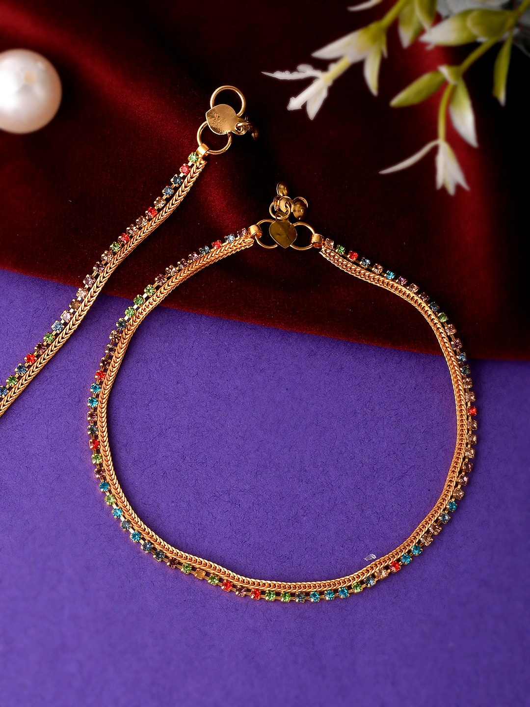 

Silvermerc Designs Gold Plated Blue & Red Stone Studded Anklet