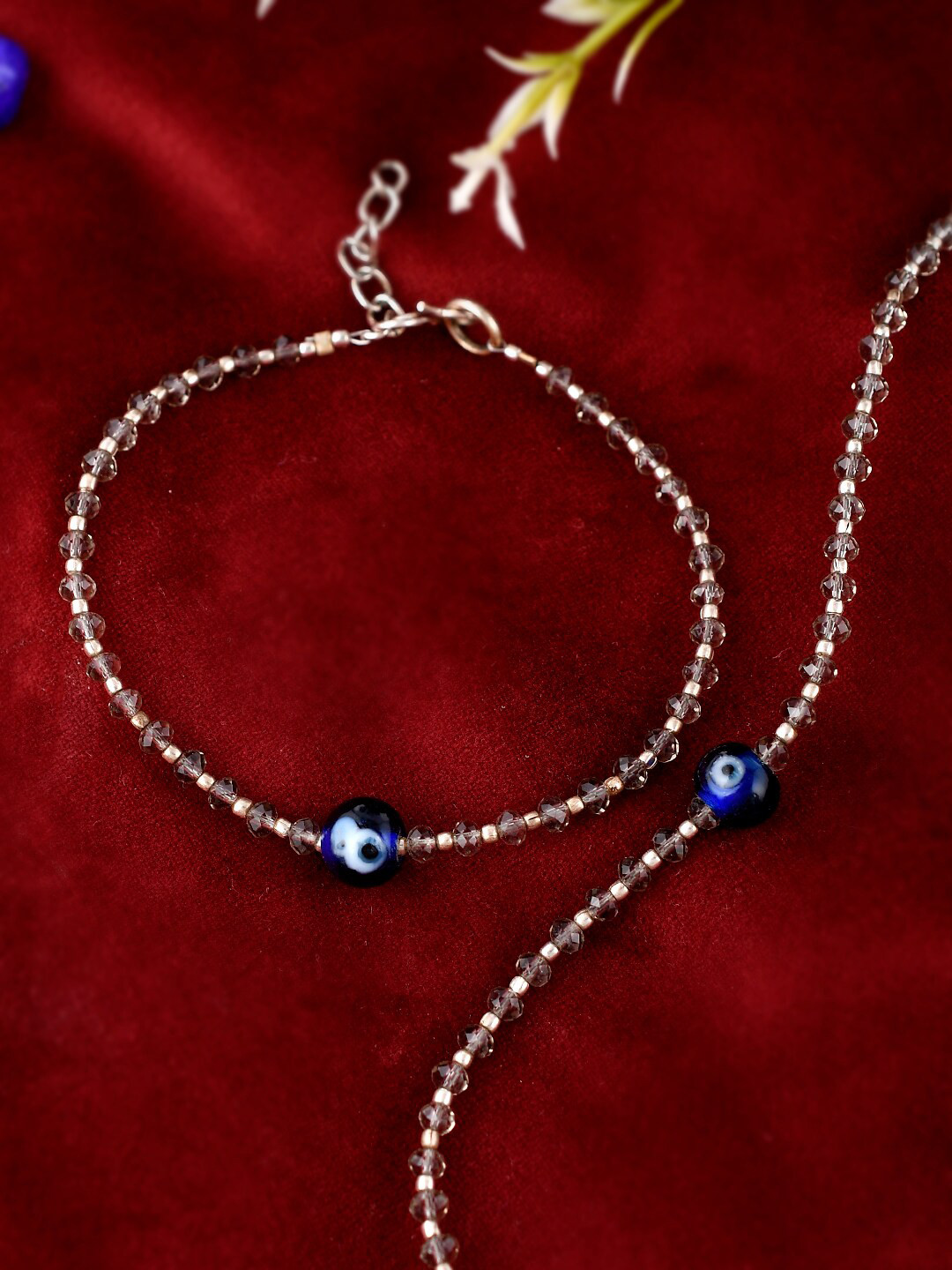 

Silvermerc Designs Set of 2 Blue & Transparent Silver-Plated Beaded Chain Anklets