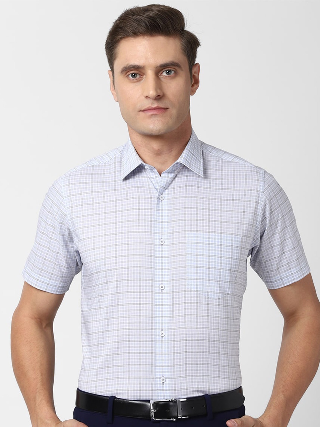 

Van Heusen Men Blue Grid Tattersall Checks Checked Formal Cotton Shirt