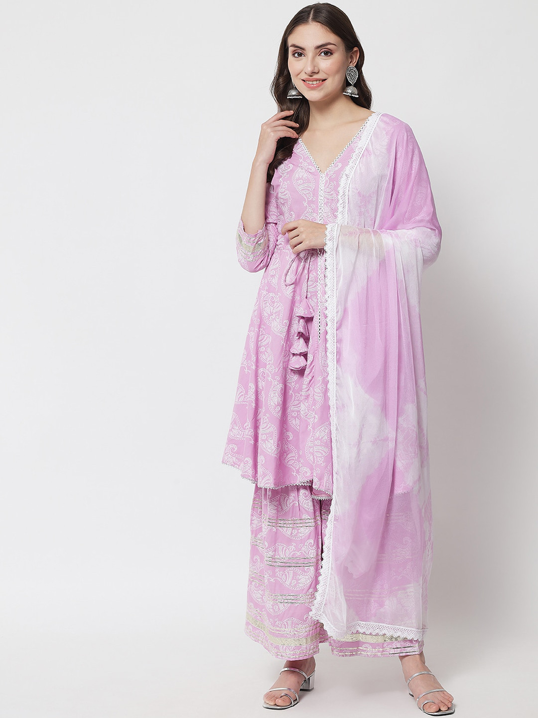 

IkDaiya Women Purple Ethnic Motifs Embroidered Empire Kurti with Palazzos & With Dupatta