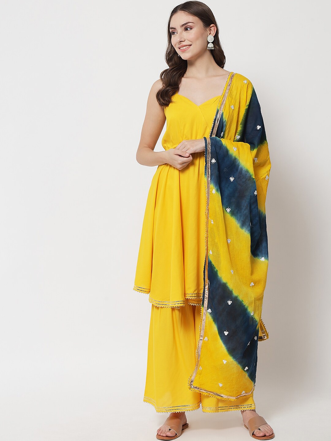 

IkDaiya Women Yellow Floral Layered Gotta Patti Kurti with Sharara