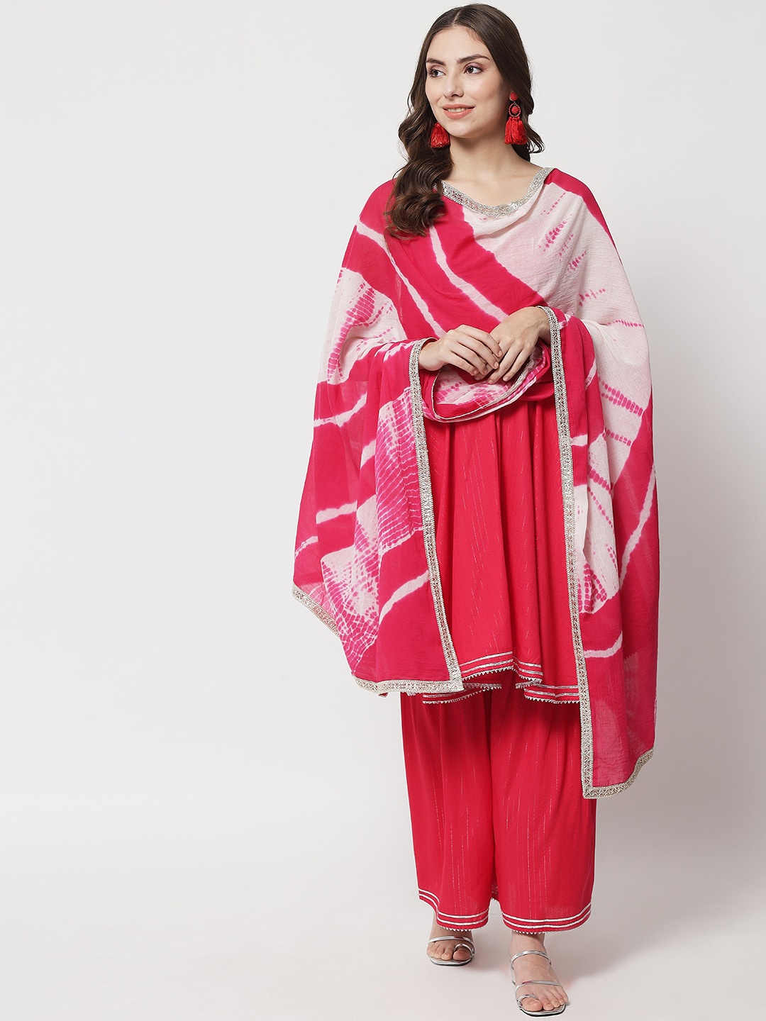

IkDaiya Women Pink Striped Empire Kurta with Sharara & With Dupatta