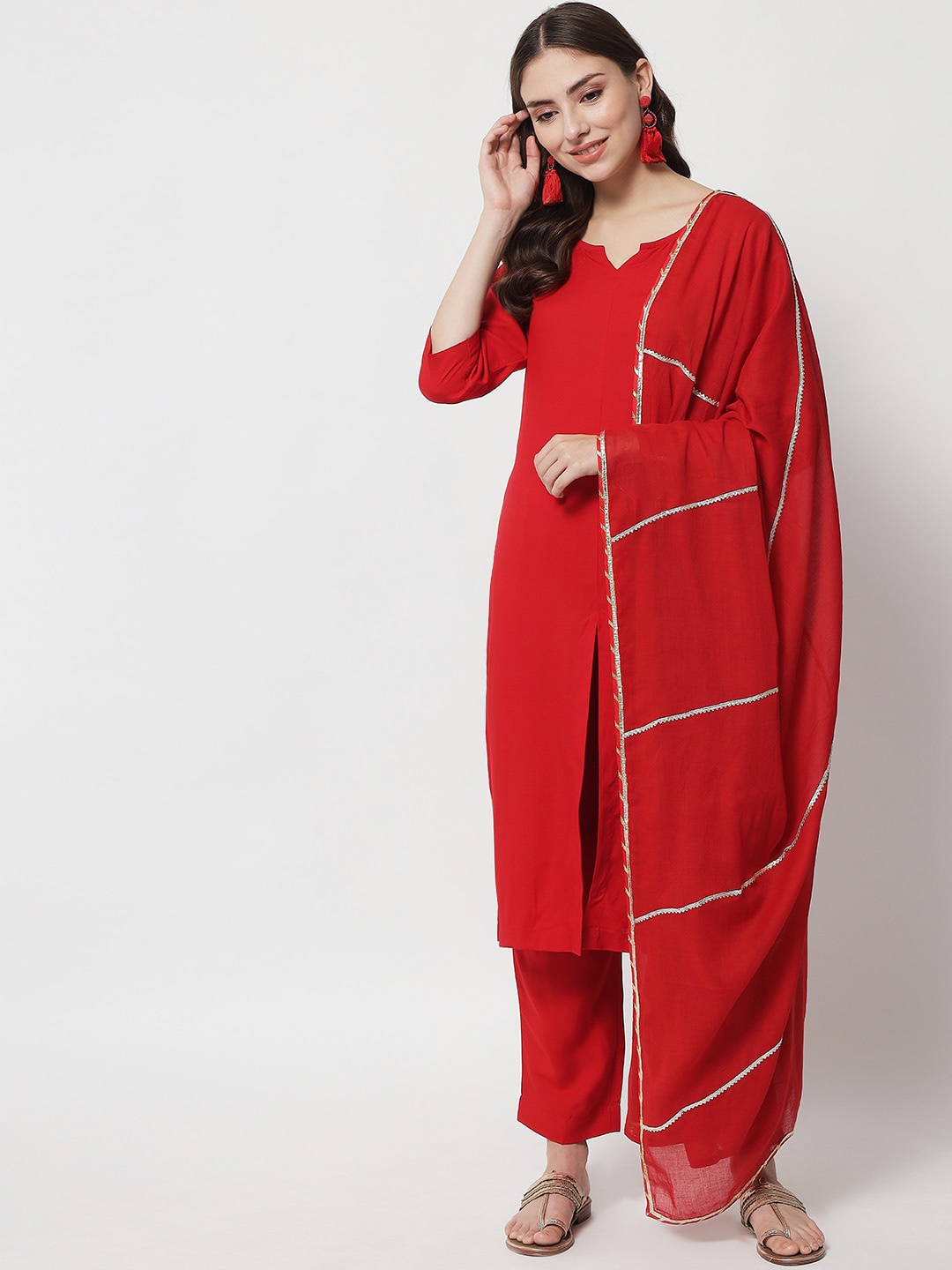 

IkDaiya Women Red Panelled Kurta with Palazzos & With Dupatta