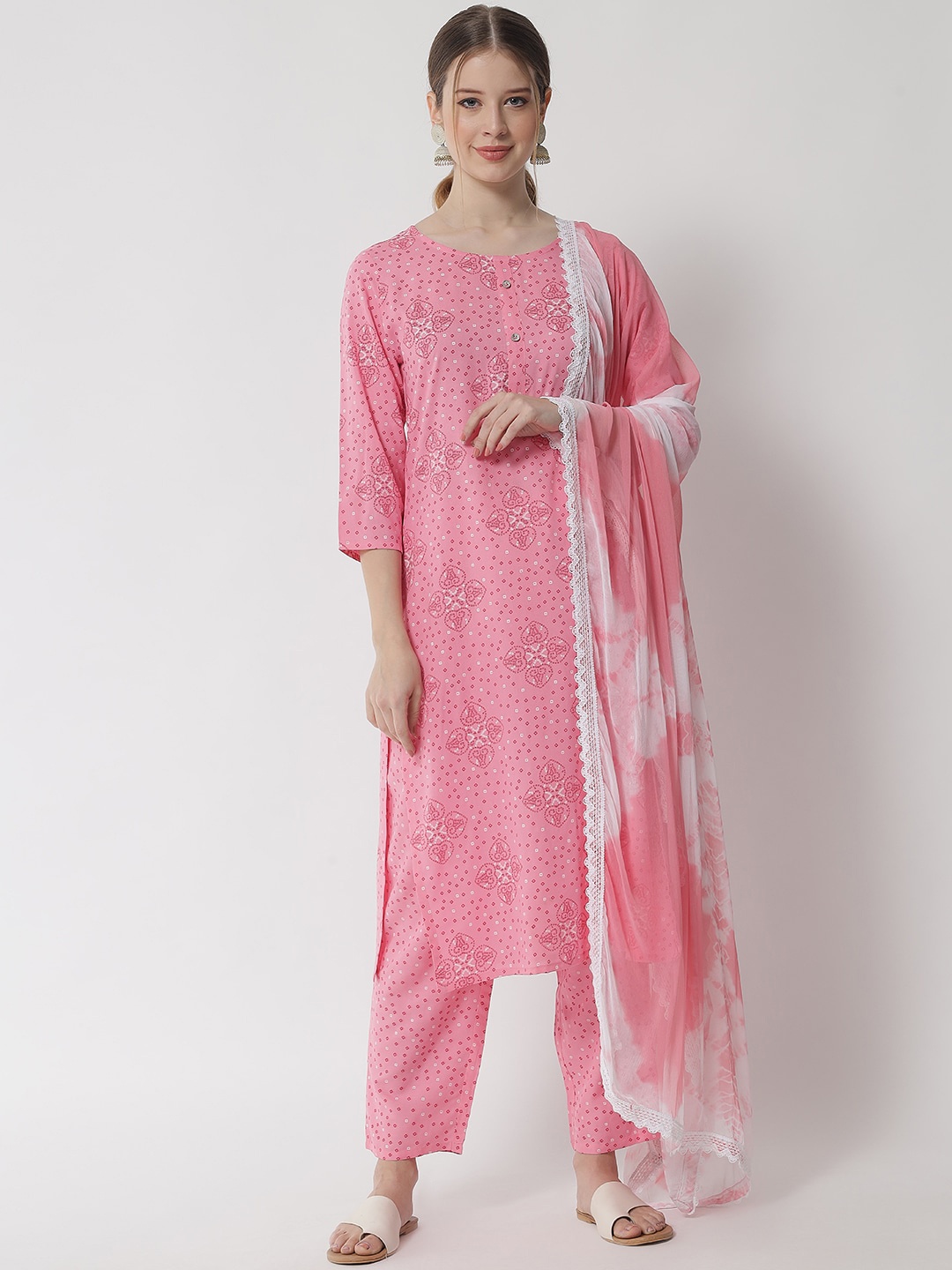 

IkDaiya Women Pink Printed Kurta With Trousers & Dupatta