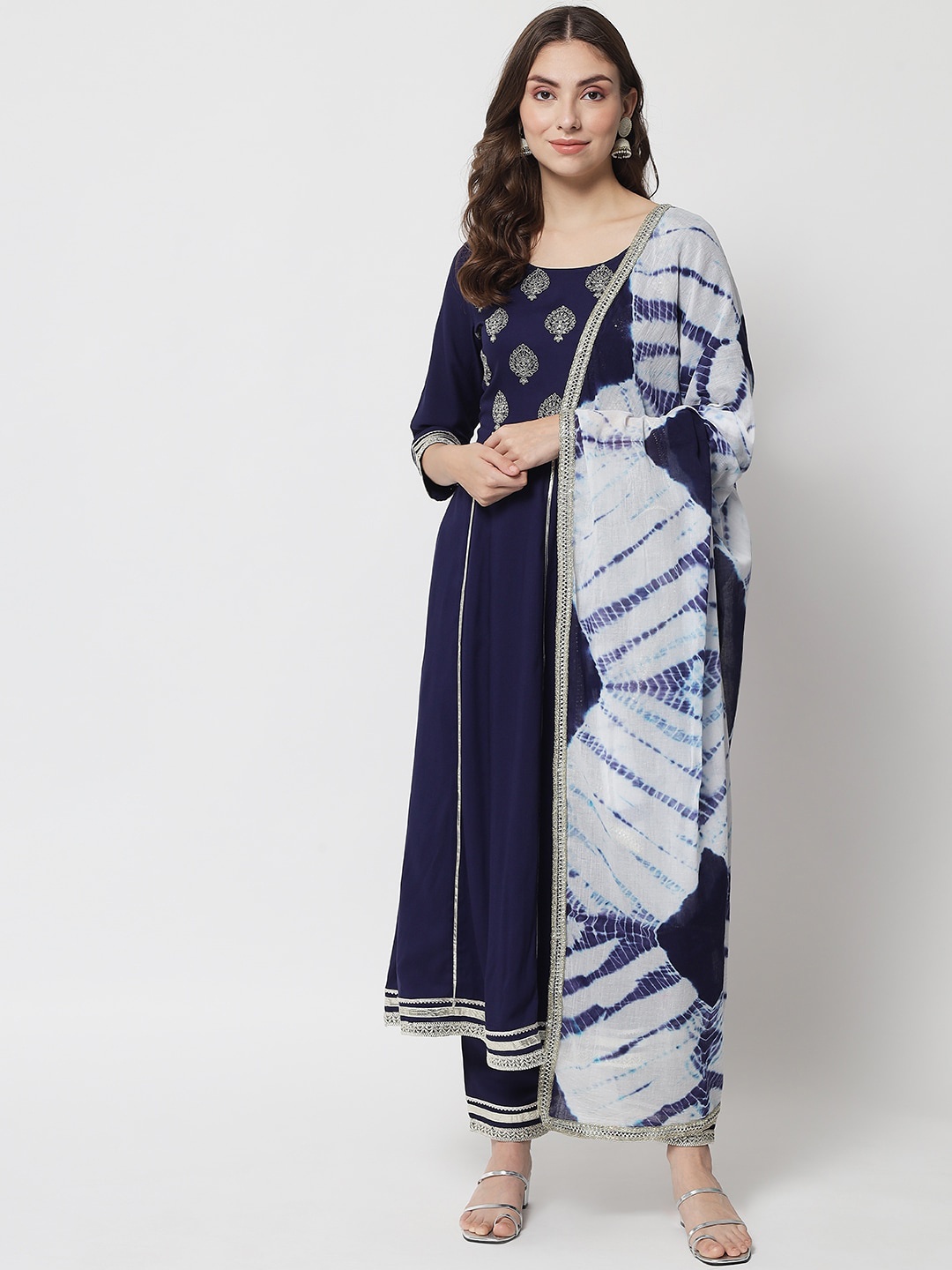 

IkDaiya Women Blue Ethnic Motifs Printed Kurti with Trousers & With Dupatta