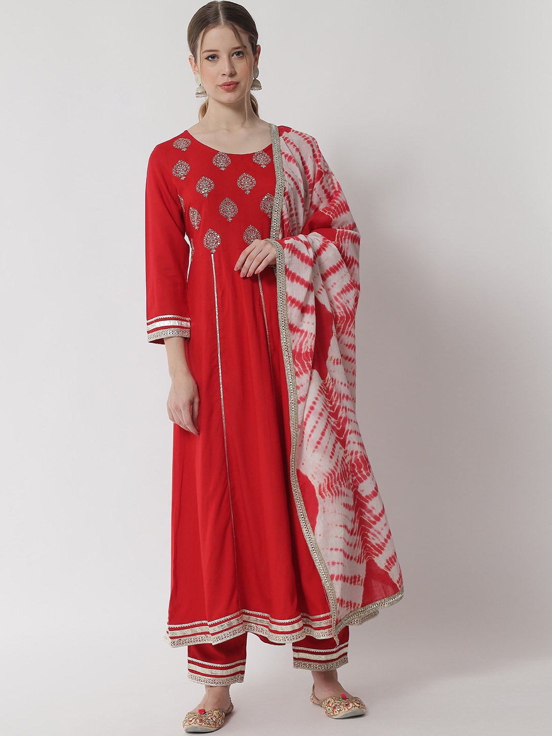 

IkDaiya Women Red & White Ethnic Motifs Yoke Design Kurta with Trousers & With Dupatta