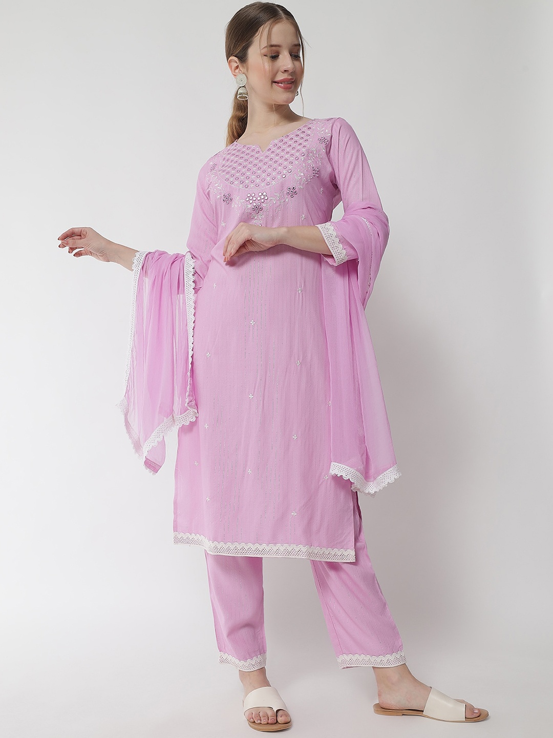 

IkDaiya Women Purple Mirror Work Kurta with Trousers & With Dupatta