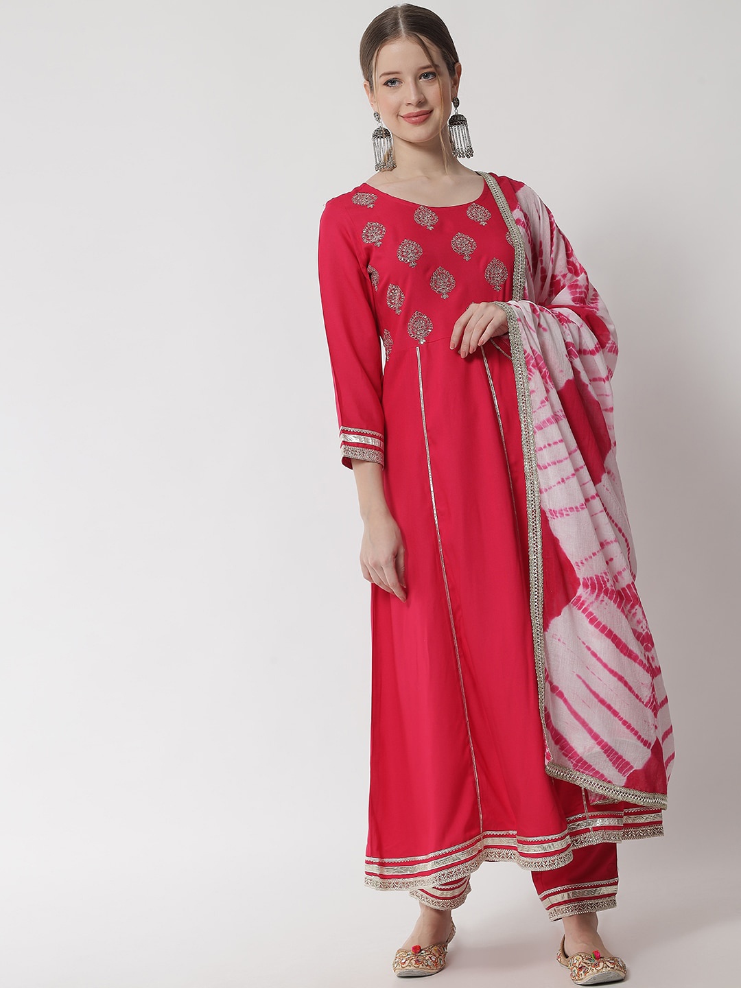 

IkDaiya Women Pink Floral Yoke Design Panelled Kurti with Trousers & With Dupatta