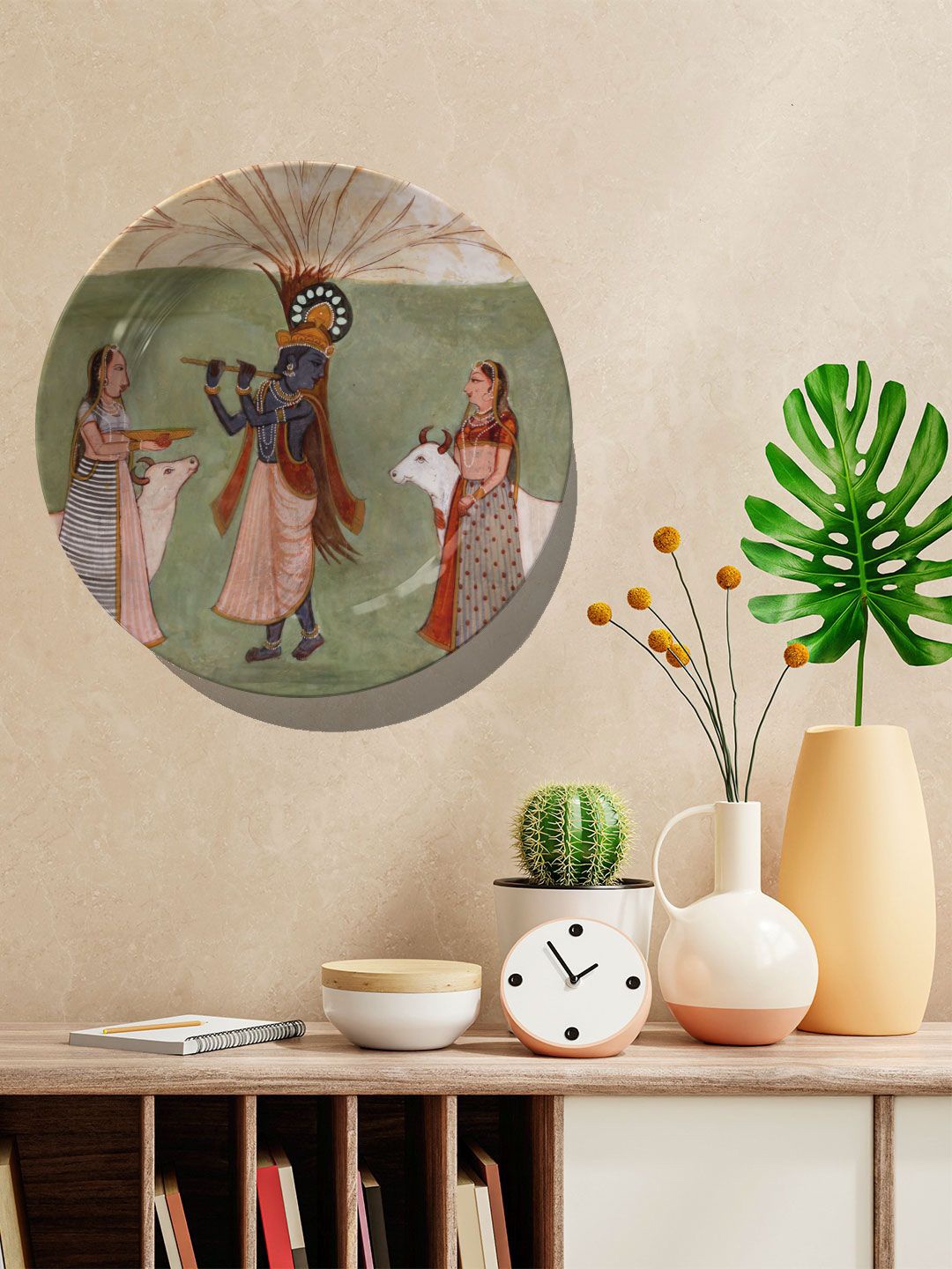 

ARTSPACE Green & Blue Krishna Playing Flute Painted Ceramic Wall Plates