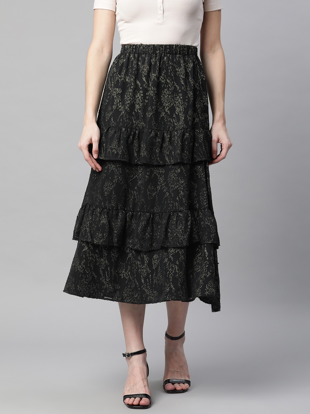 

Marks & Spencer Women Black & Golden Self Design Layered A-Line Midi Skirt