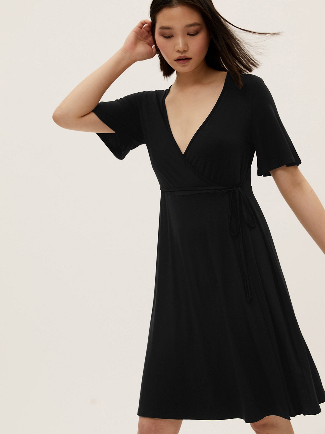 

Marks & Spencer Women Black Solid Waist Tie Up Wrap Dress