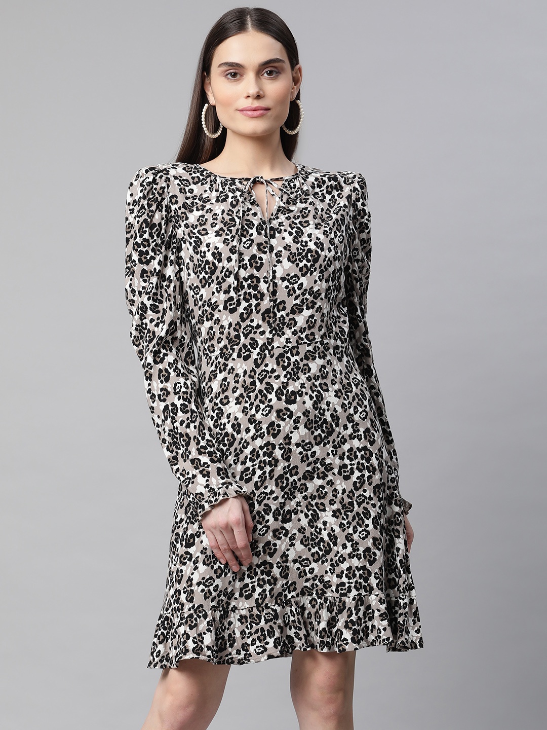 

Marks & Spencer Taupe & Black Animal Print Tie-Up Neck A-Line Dress