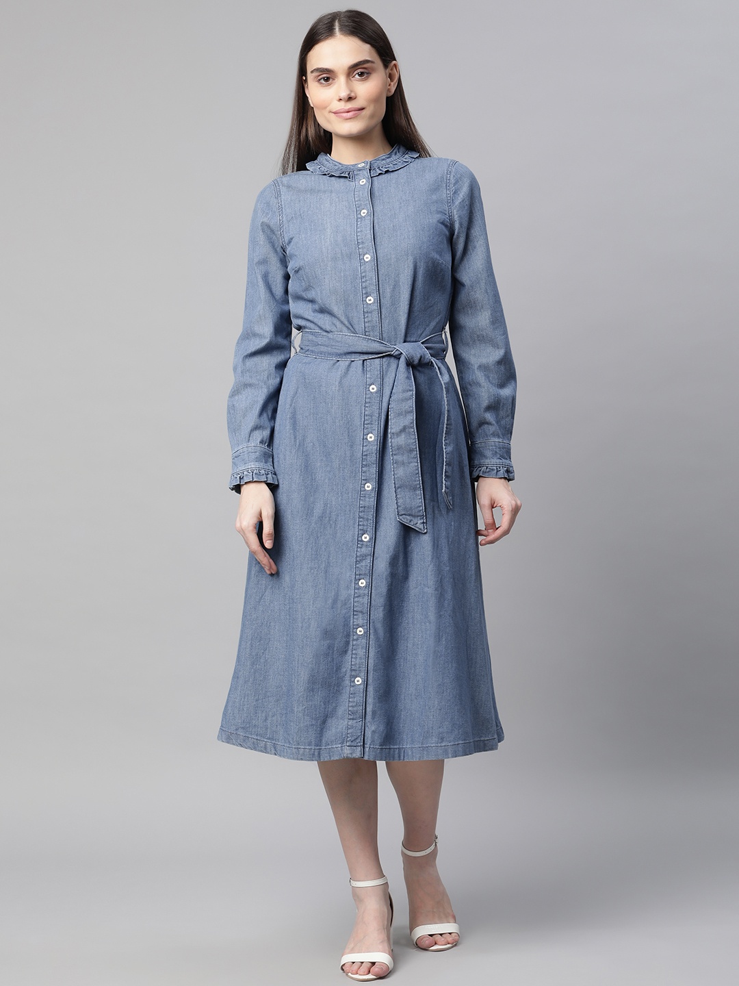 

Marks & Spencer Blue Pure Cotton Denim A-Line Midi Dress with Belt